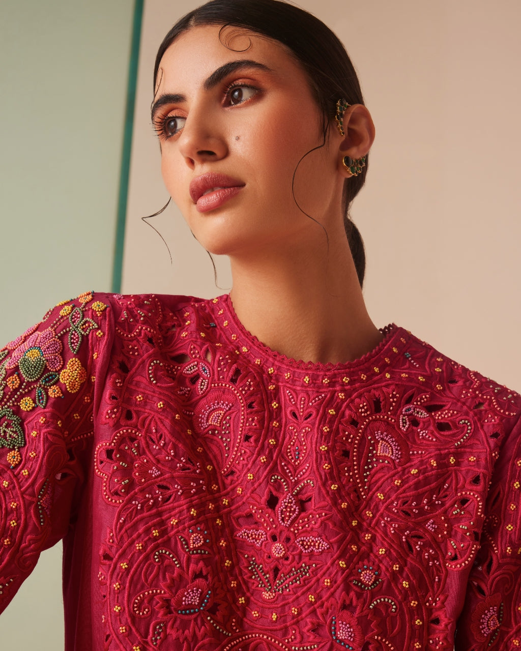 Fuchsia Cutwork And Beadwork Kurta Set