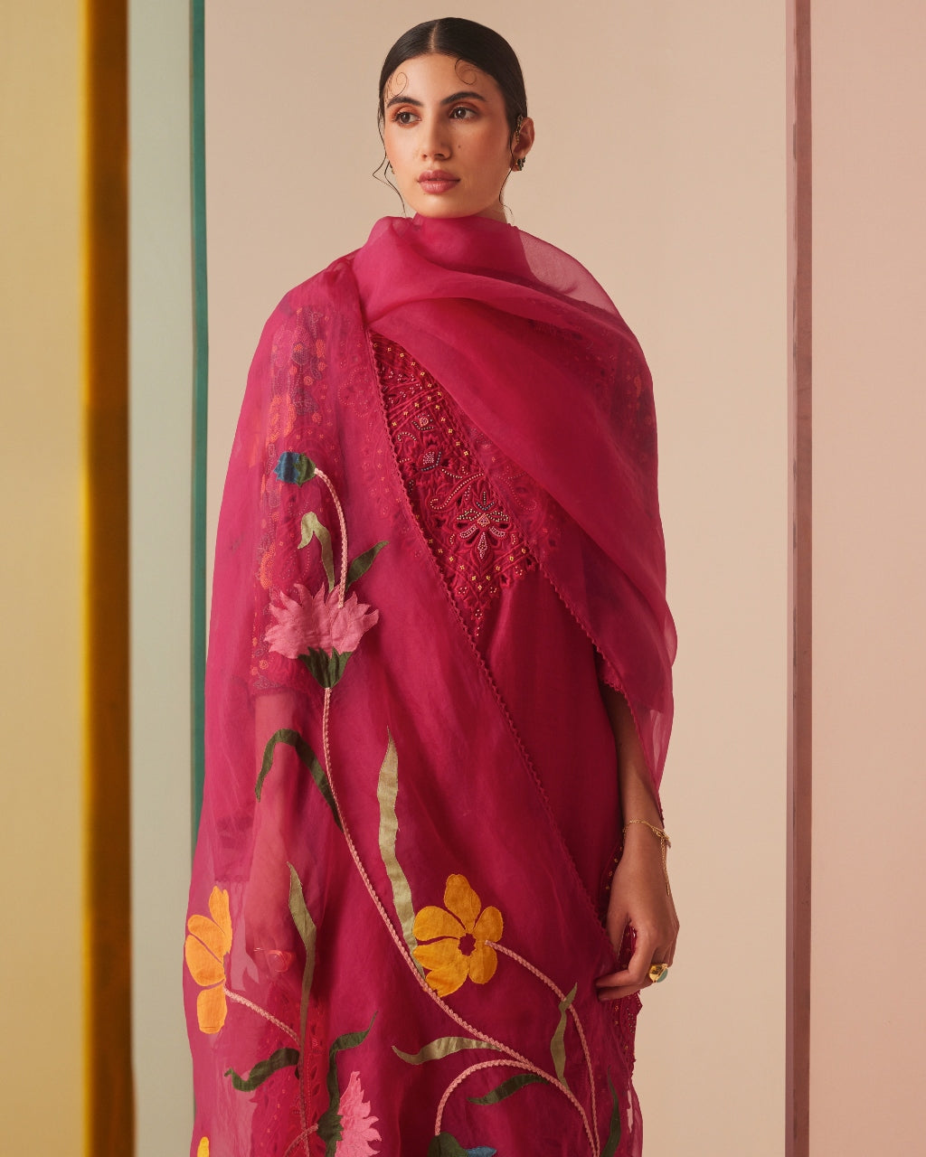 Fuchsia Cutwork And Beadwork Kurta Set