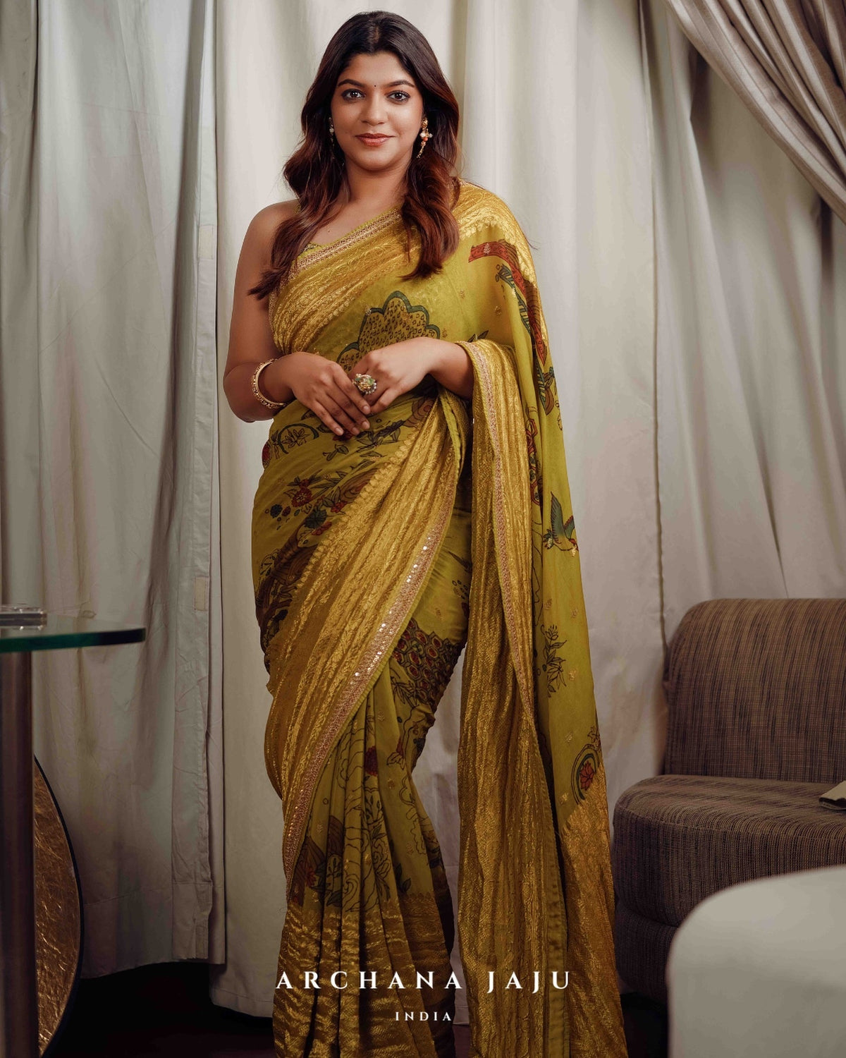 Mustard Aj Nature Inspired Hand Painted Kalam Sari