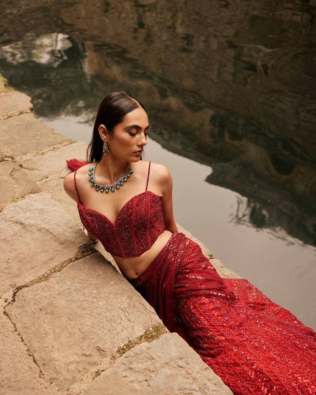 Nida Vermellion Red Embellished Pre-Draped Skirt Sari Set