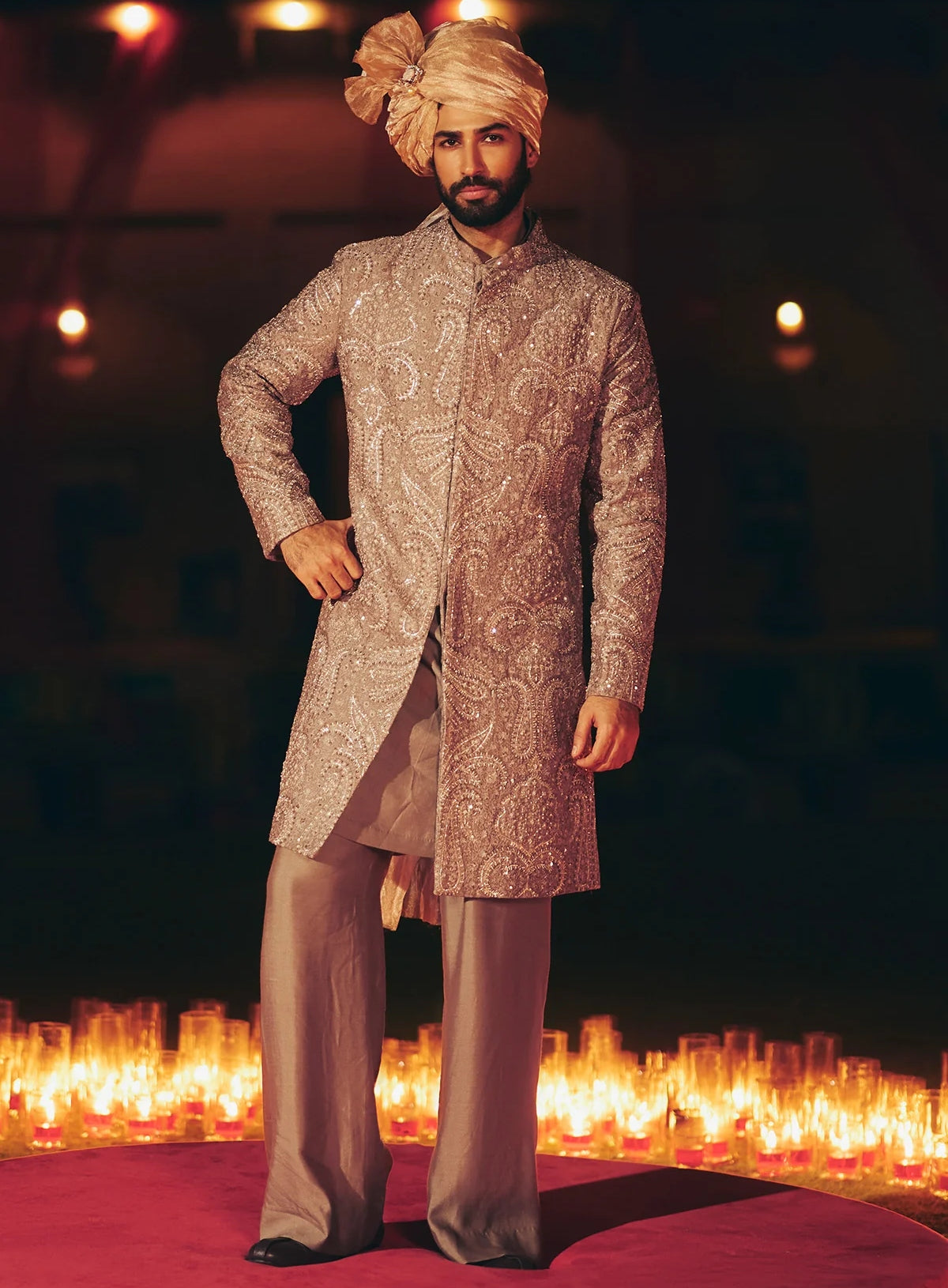 Stone Grey Chanderi All Over Embroidered Sherwani Set