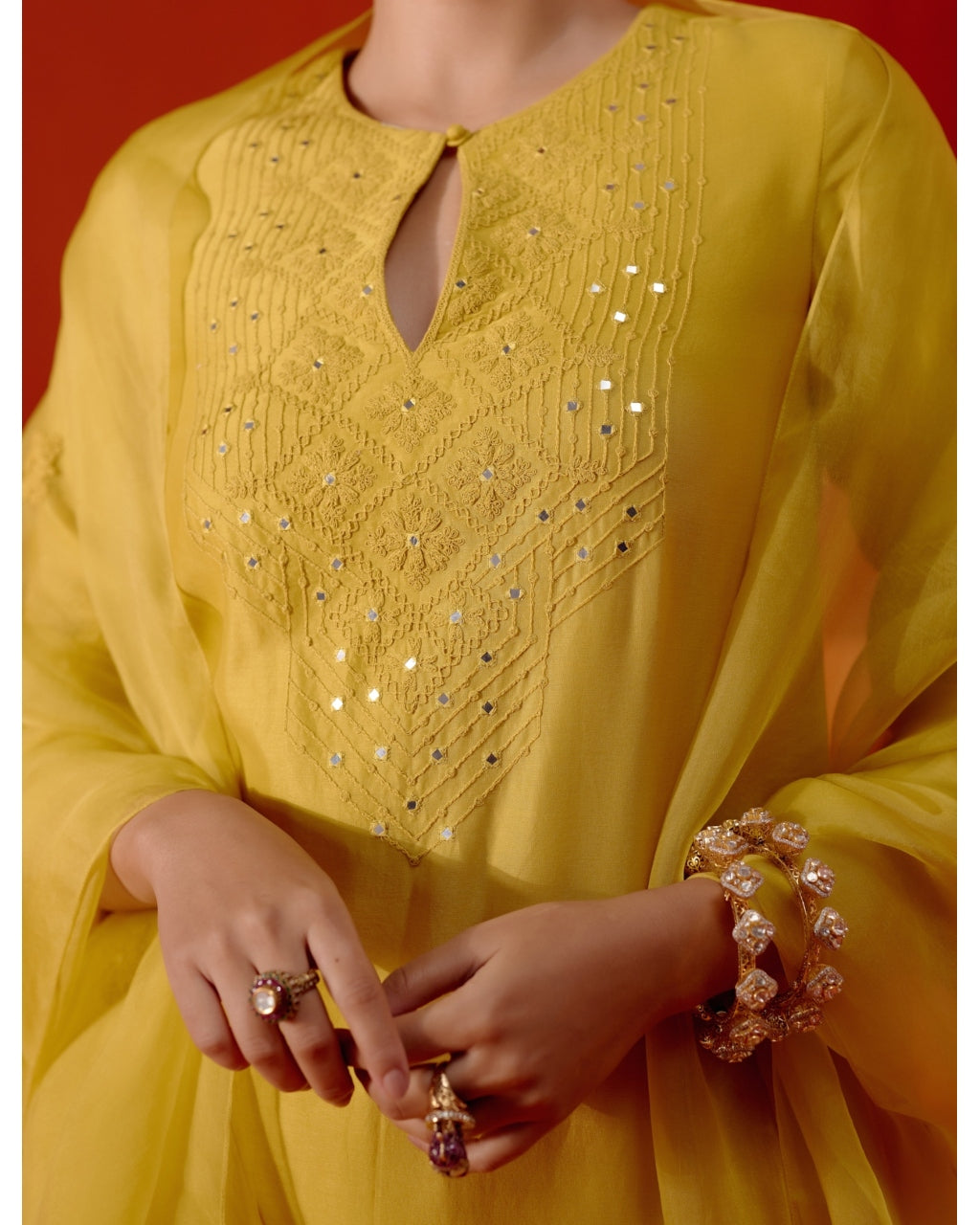 Mustard Embroidered Silk Chanderi Kurta Set
