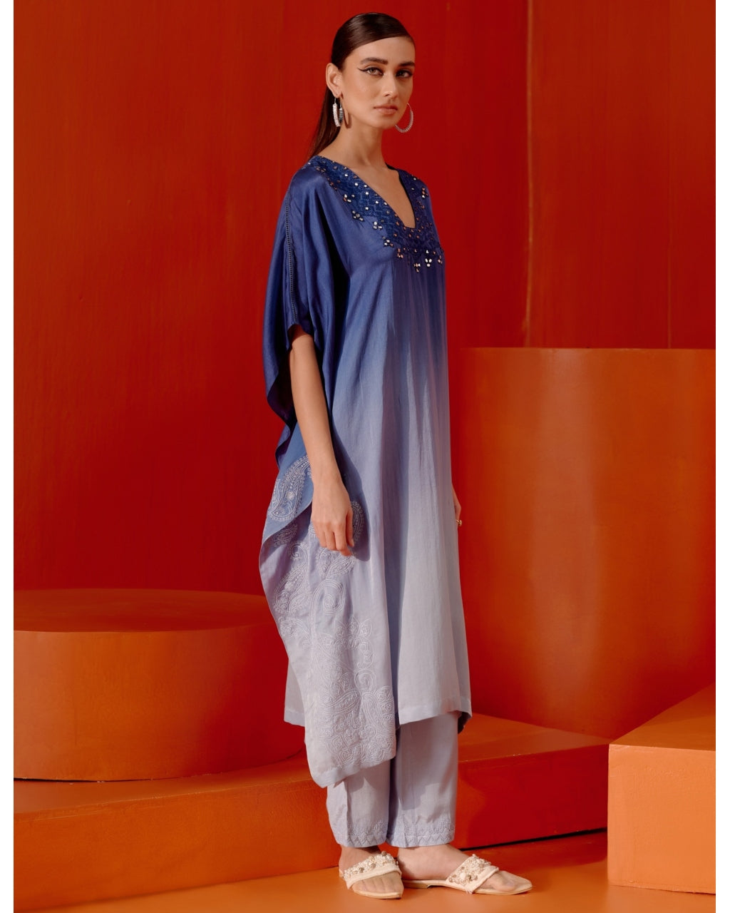 Blue Ombre Mirror Embroidered Kaftan Set