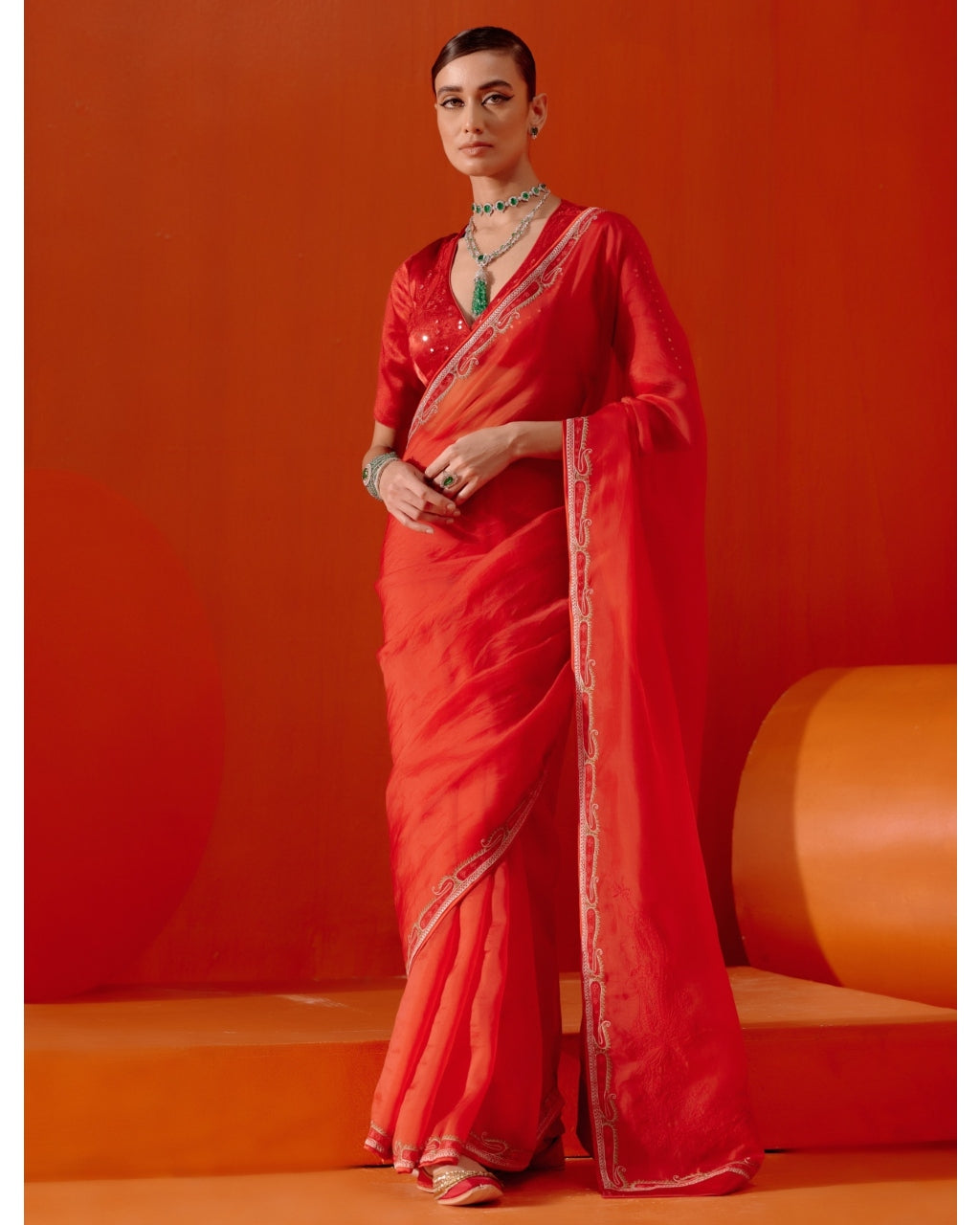 Red Multi Hued Dori Embroidered Organza Sari