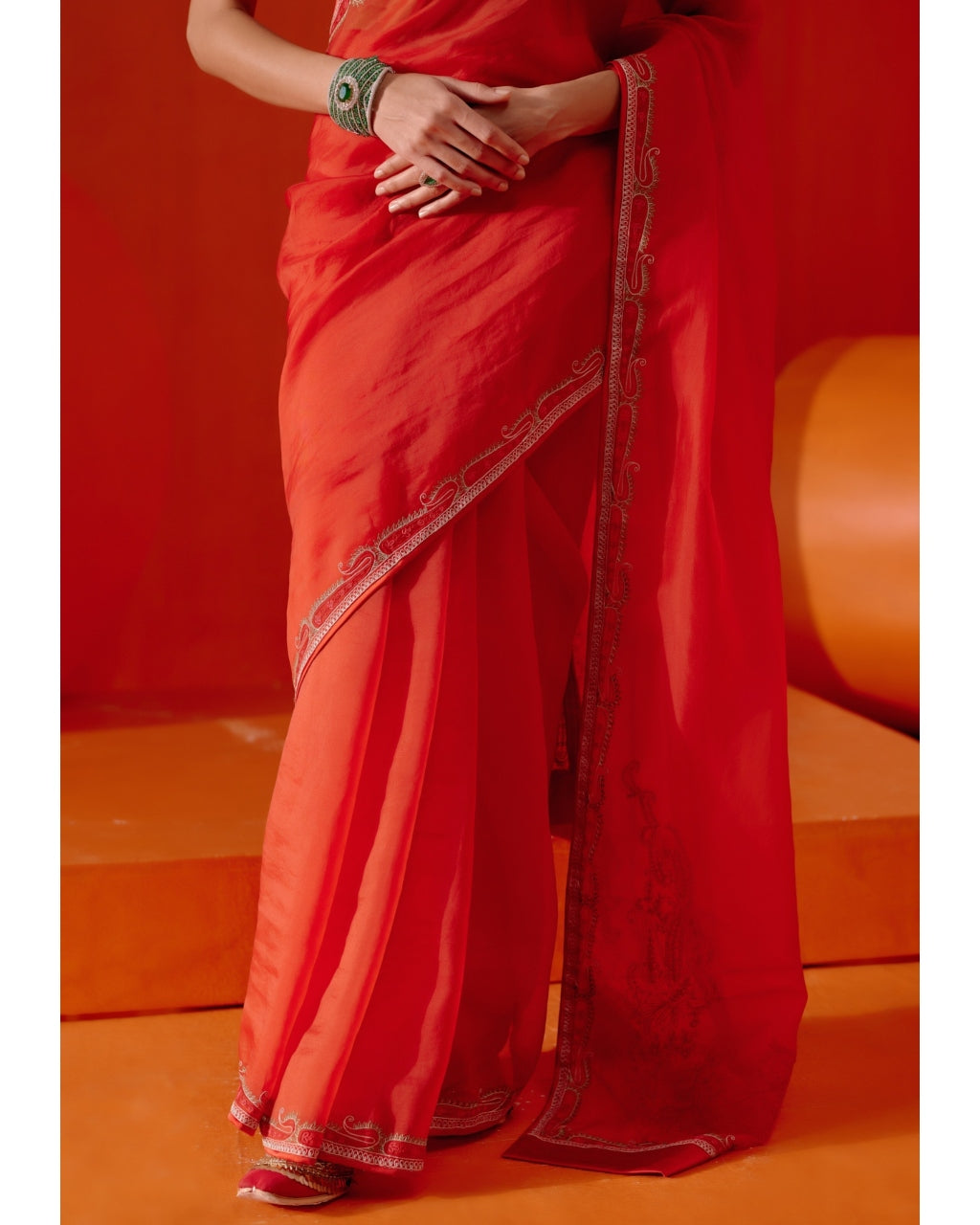 Red Multi Hued Dori Embroidered Organza Sari