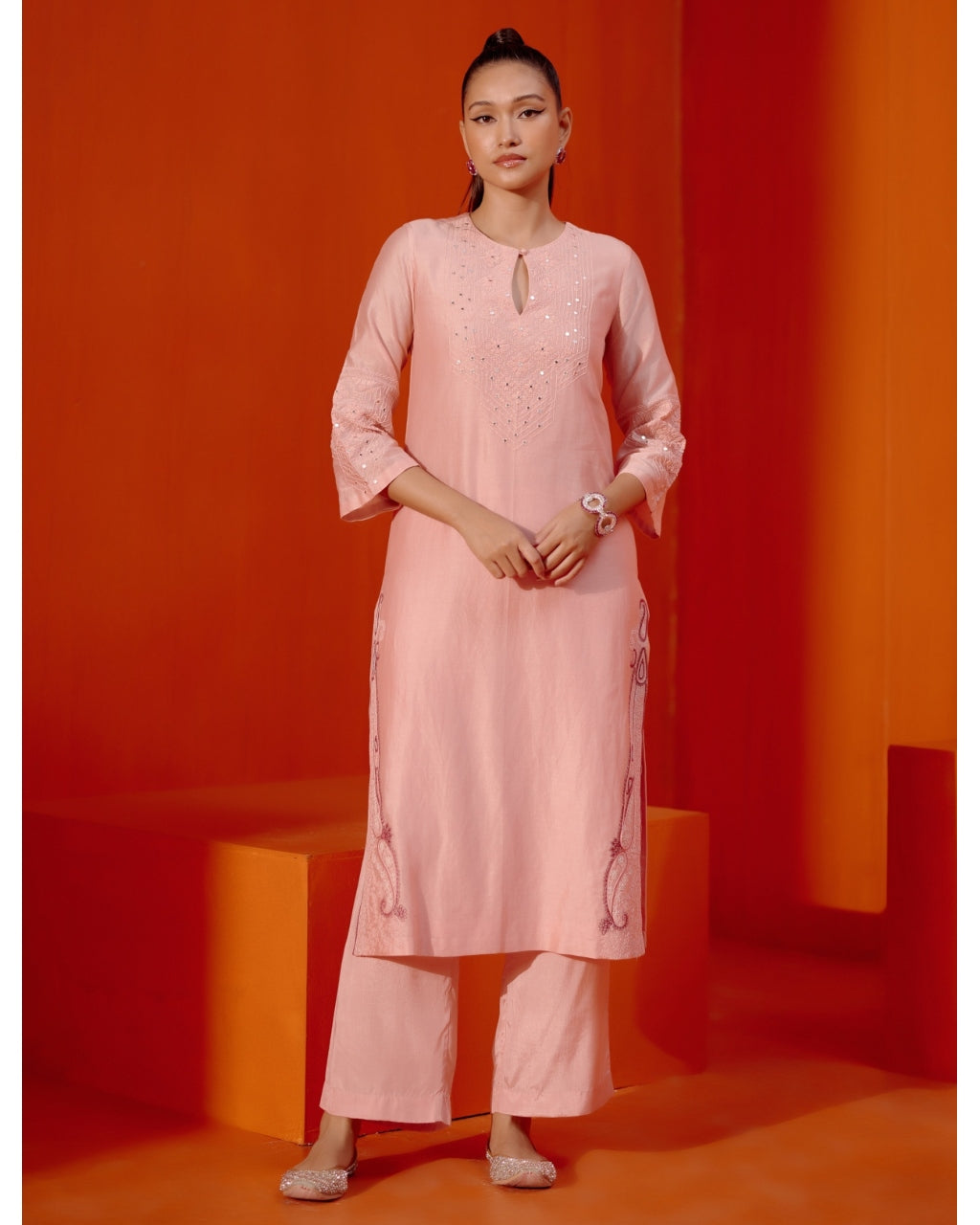 Blush Pink Embroidered Silk Chanderi Kurta Set