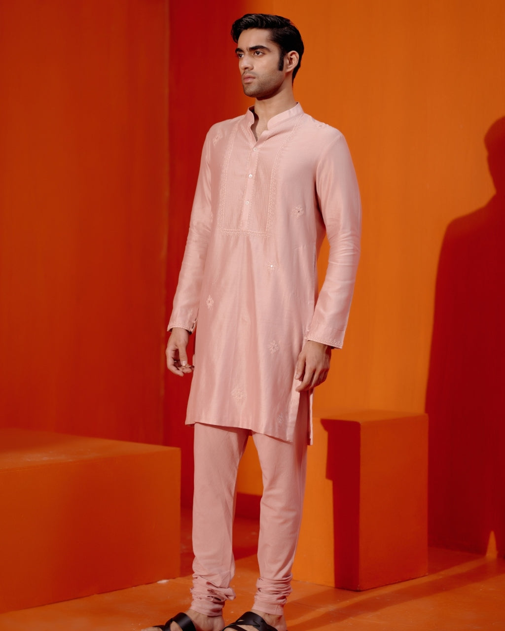 Blush Pink Self Embroidered Chanderi Kurta Set