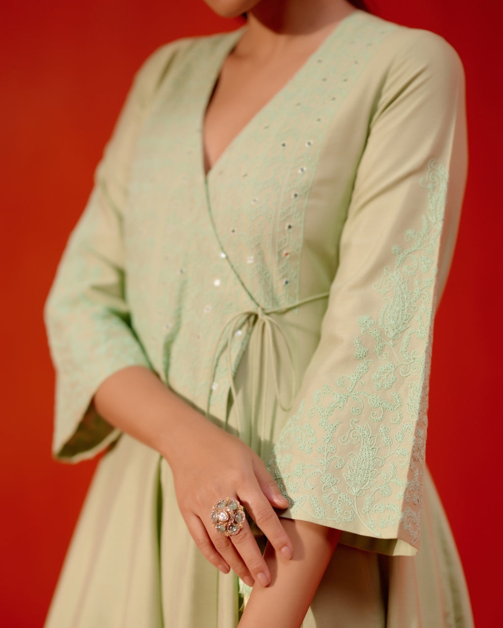 Pista Green Angrakha Style Embroidered Anarkali Set