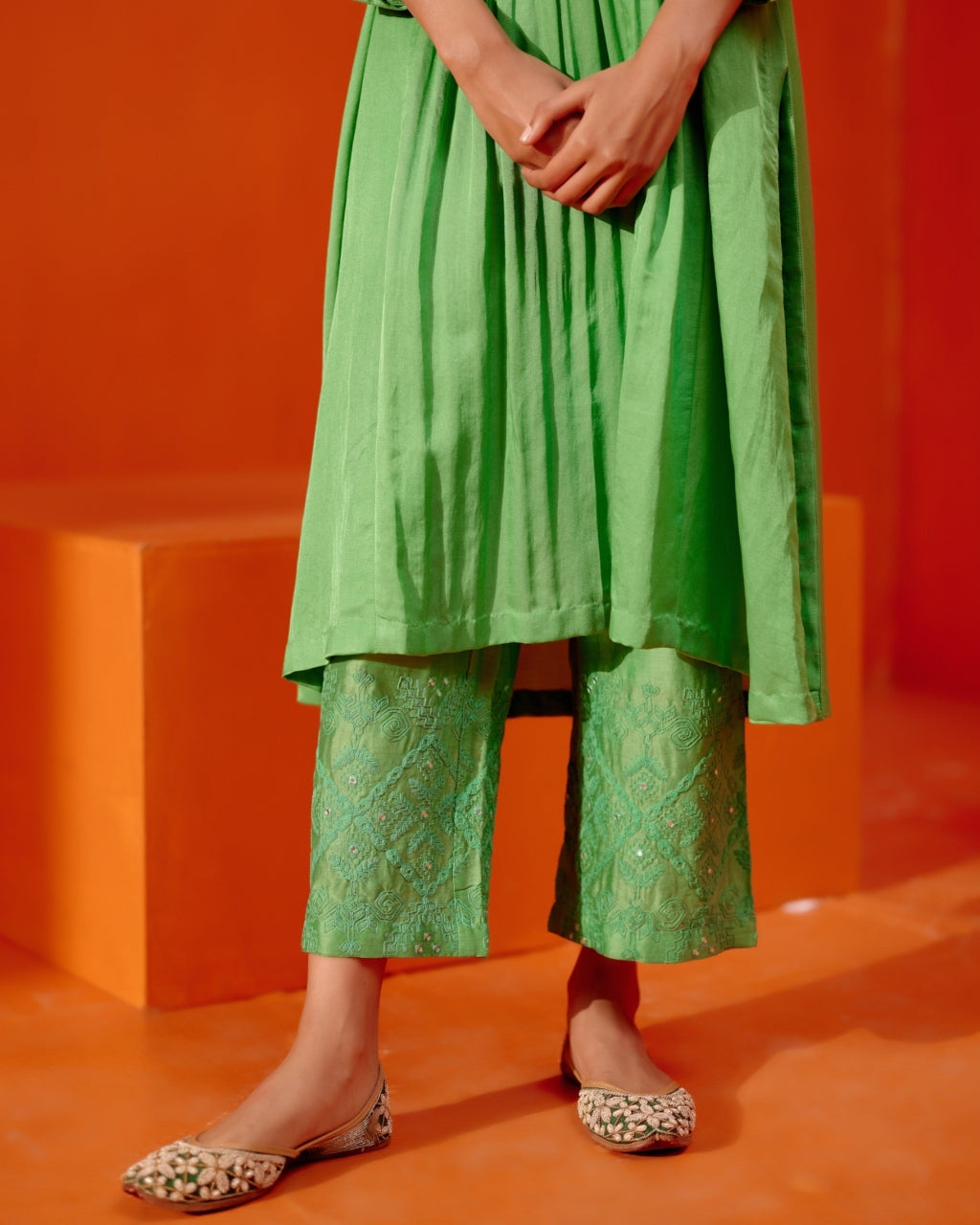 Green Cotton Silk Satin Kurta with Scarf Set