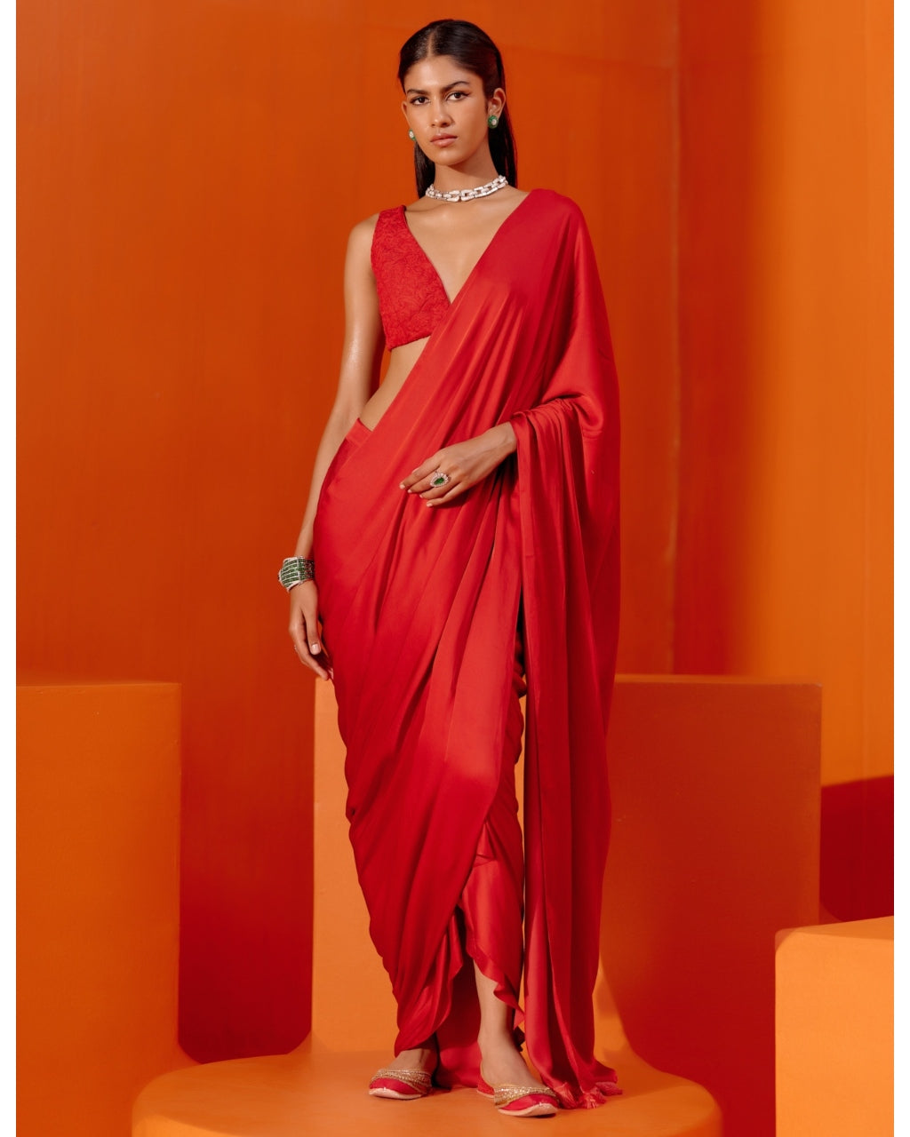 Red Satin Pre Draped Sari