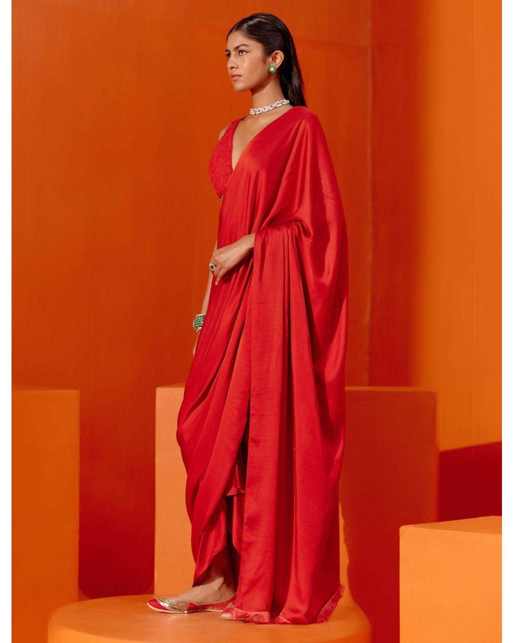 Red Satin Pre Draped Sari