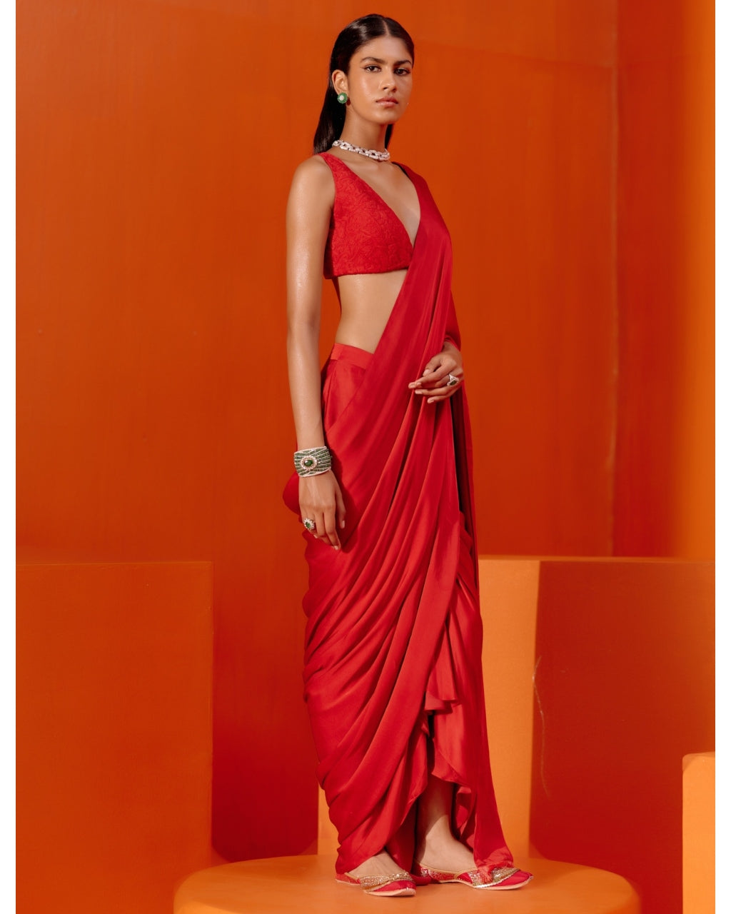 Red Satin Pre Draped Sari