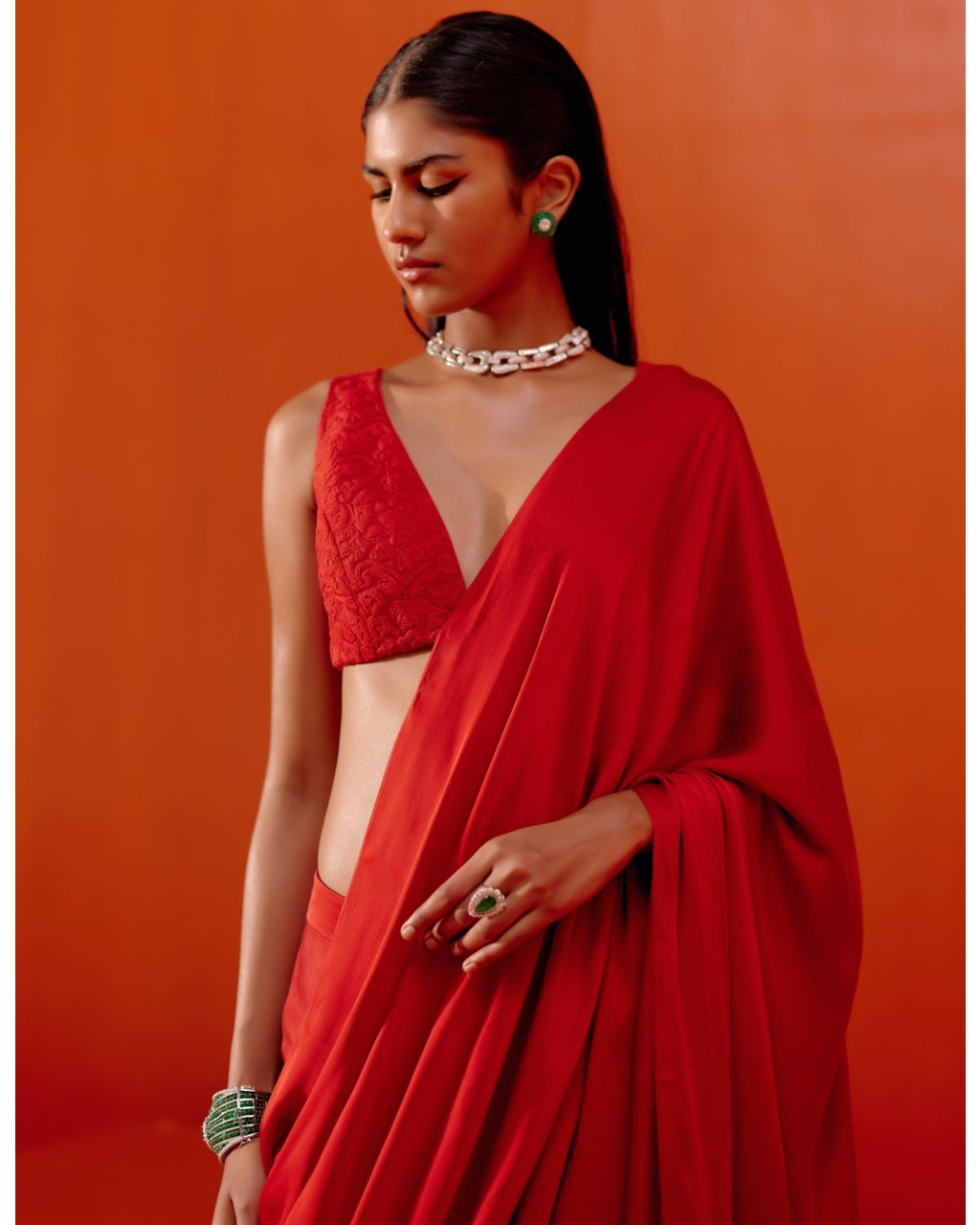 Red Satin Pre Draped Sari