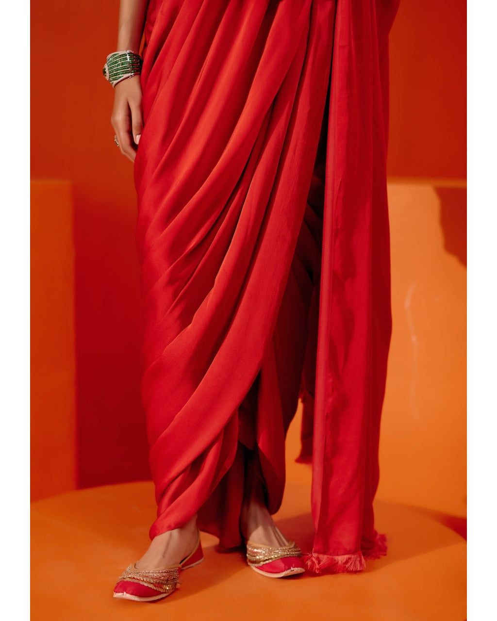 Red Satin Pre Draped Sari