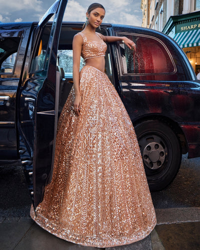 Peach Sequin Lehenga Set | Seema Gujral S / 42 Peach Sequin Lehenga Set | Seema Gujral S / 42