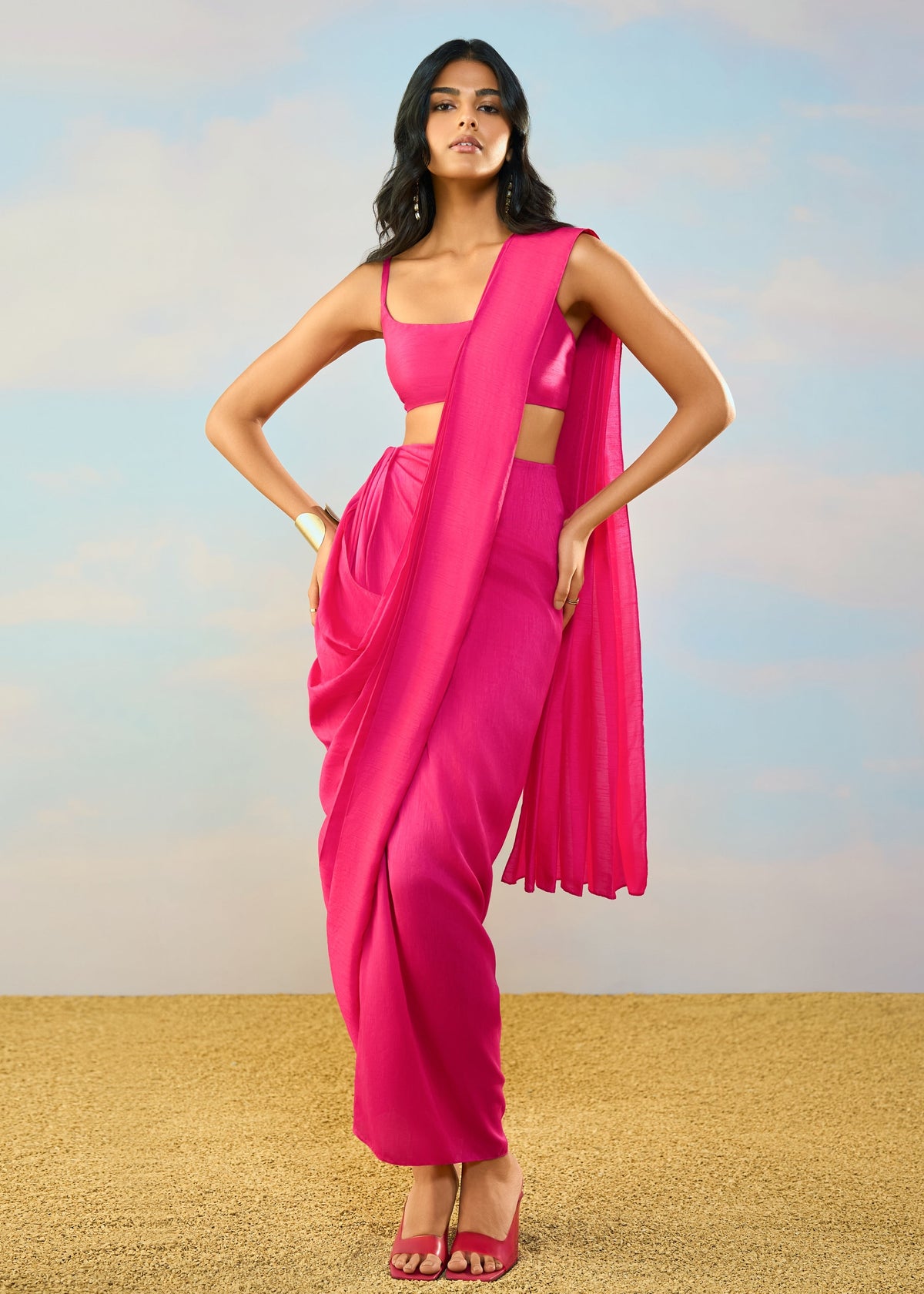 Fuchsia Bandeau Sari Skirt Set