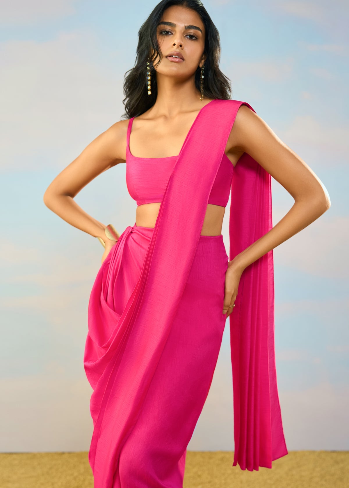 Fuchsia Bandeau Sari Skirt Set