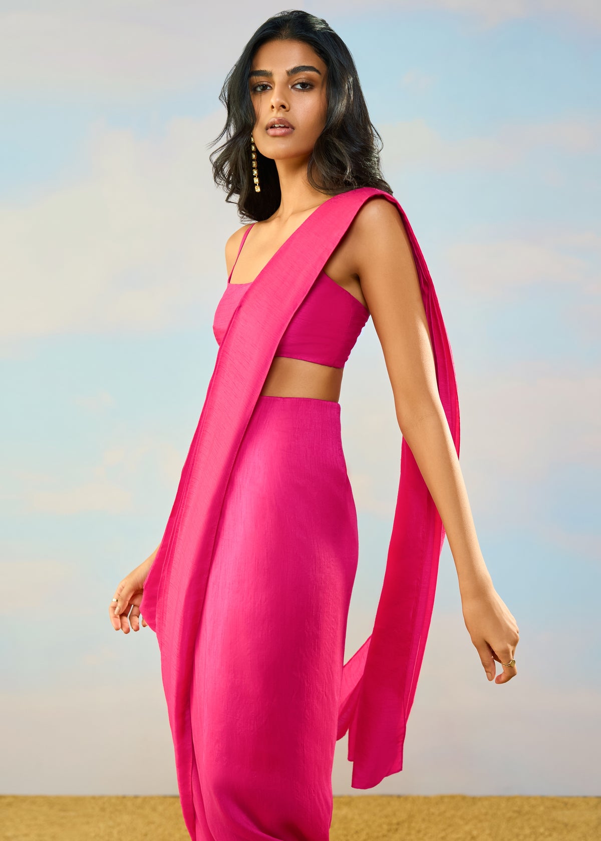 Fuchsia Bandeau Sari Skirt Set