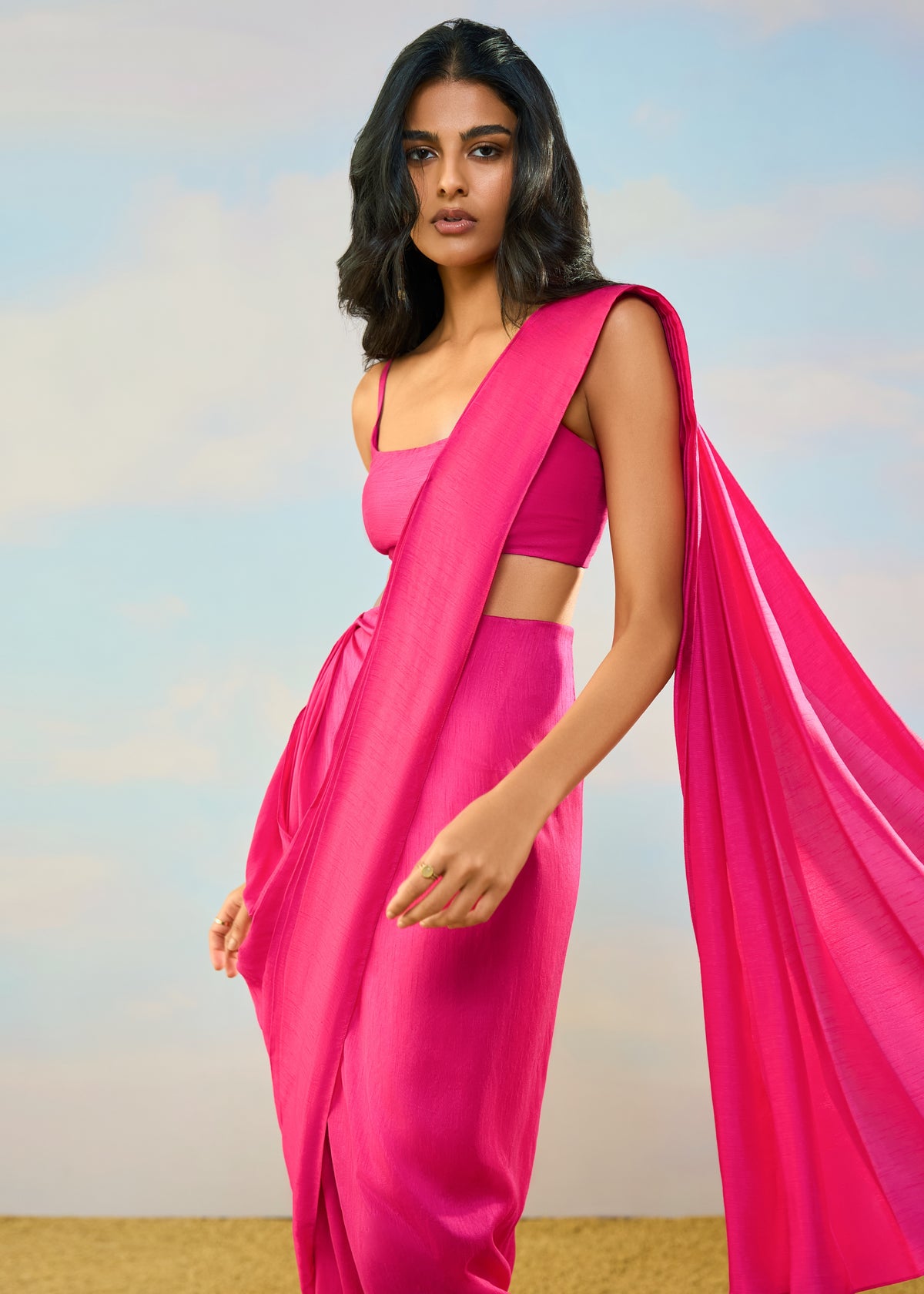 Fuchsia Bandeau Sari Skirt Set