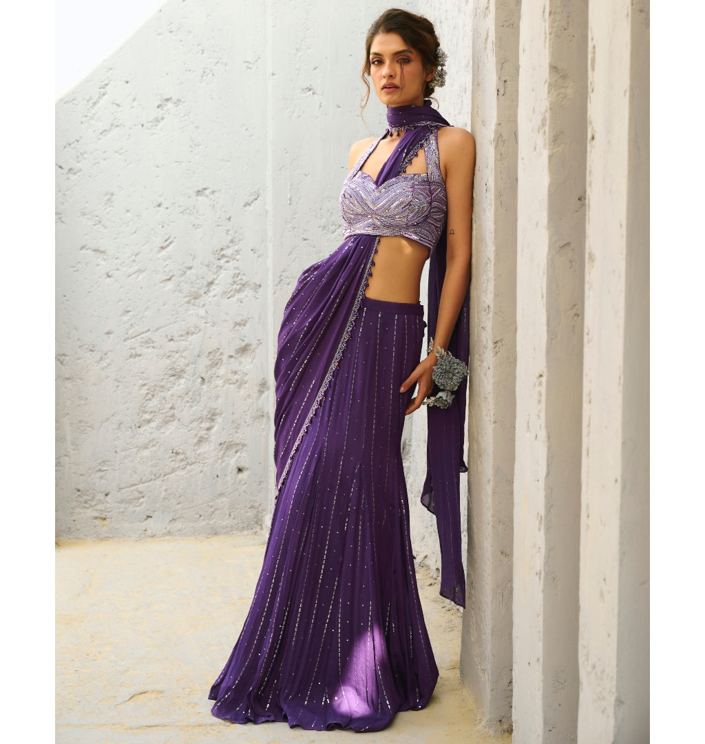 Moon Purple Pre-Drape Sari Set