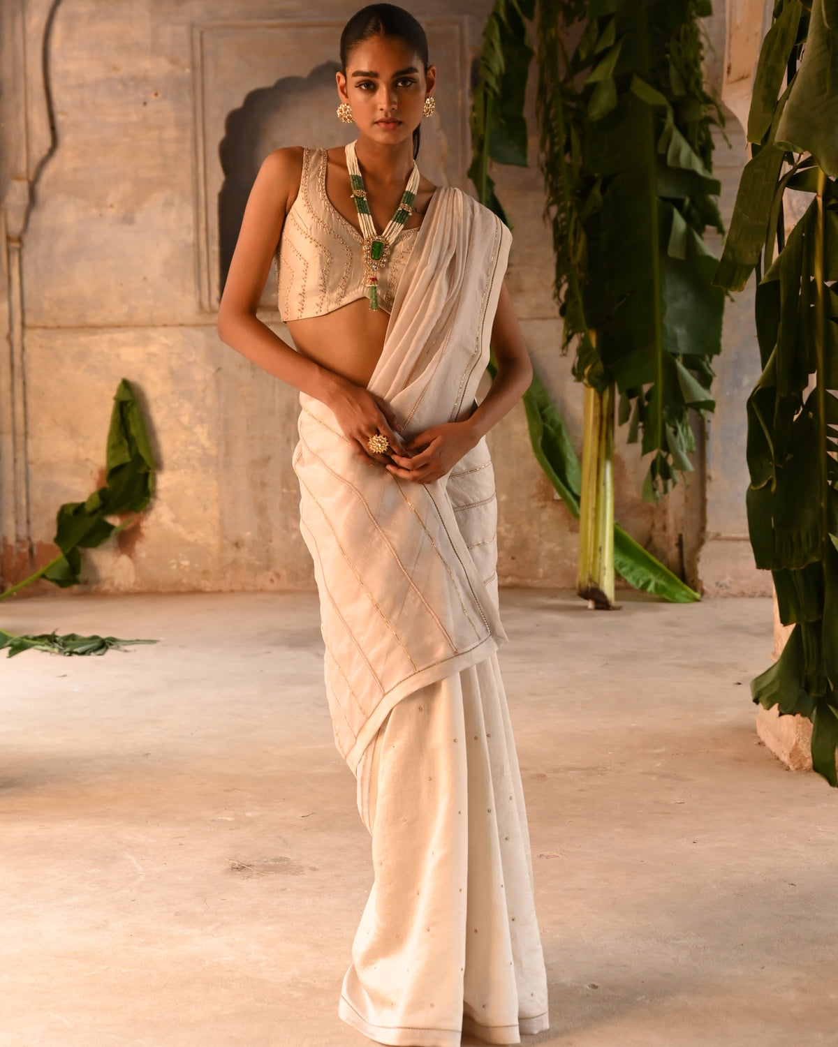 Ivory Half Organza And Half Silk Sari With Blouse
