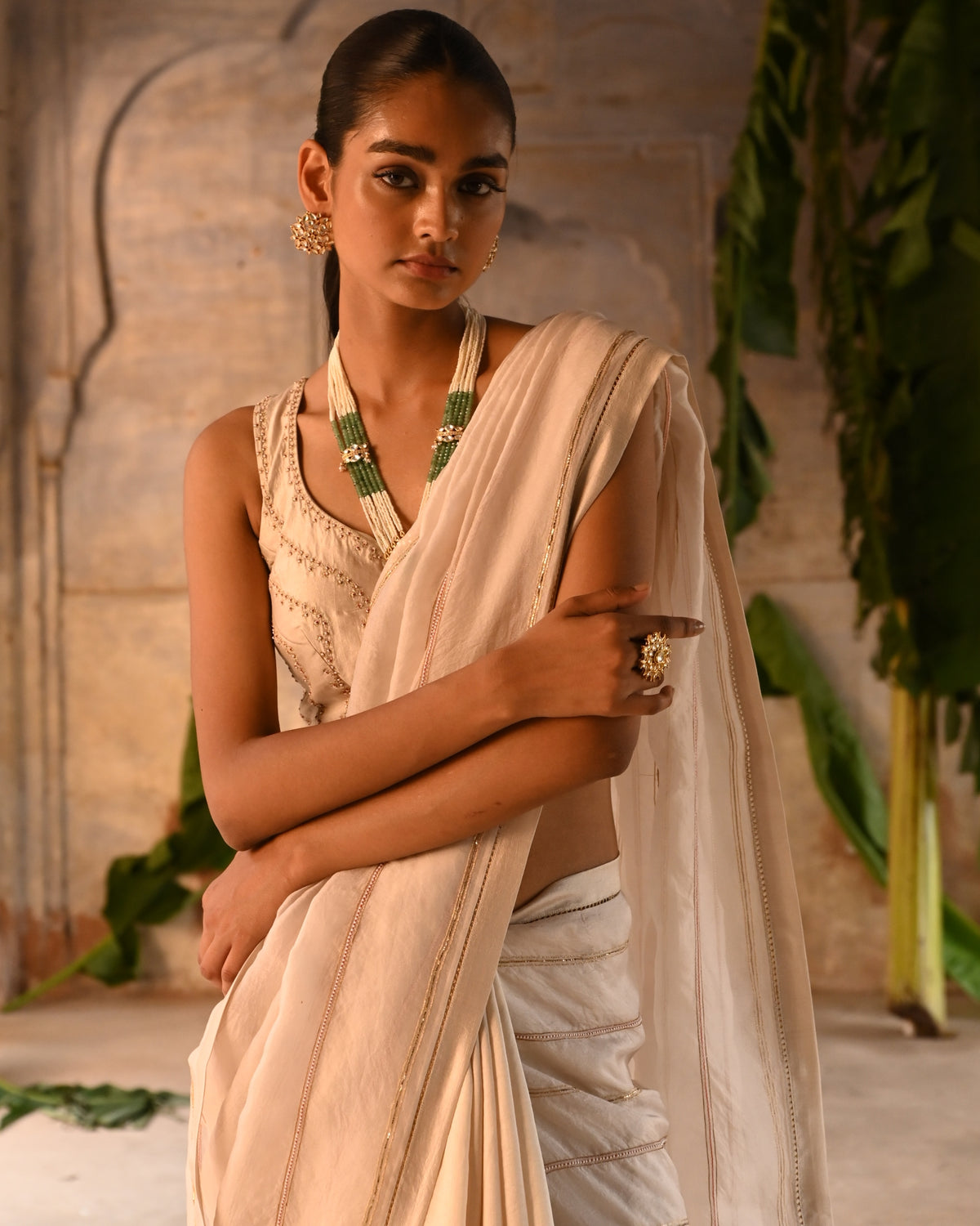 Ivory Half Organza And Half Silk Sari With Blouse
