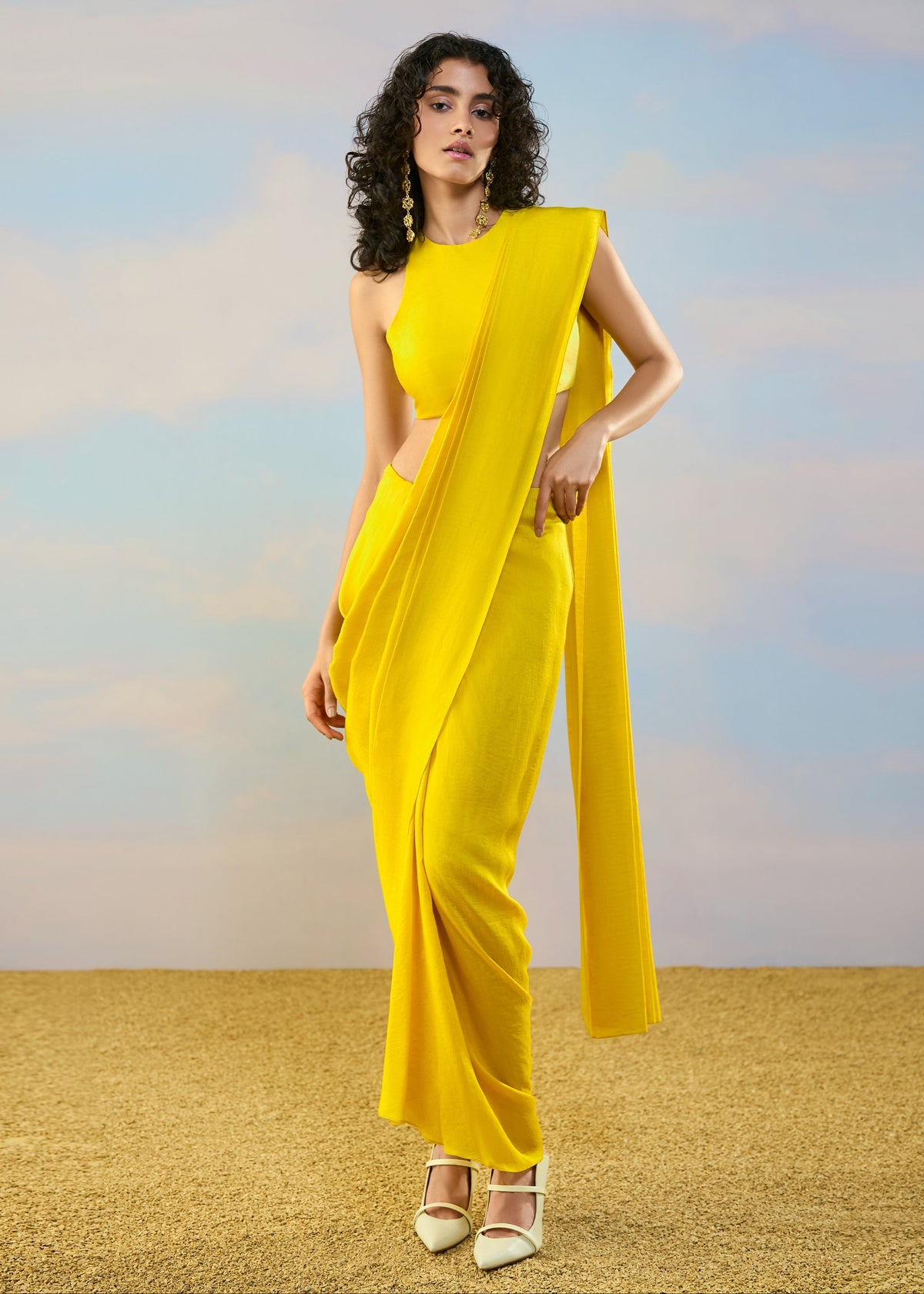 Yellow Sleeveless Sari Skirt Set