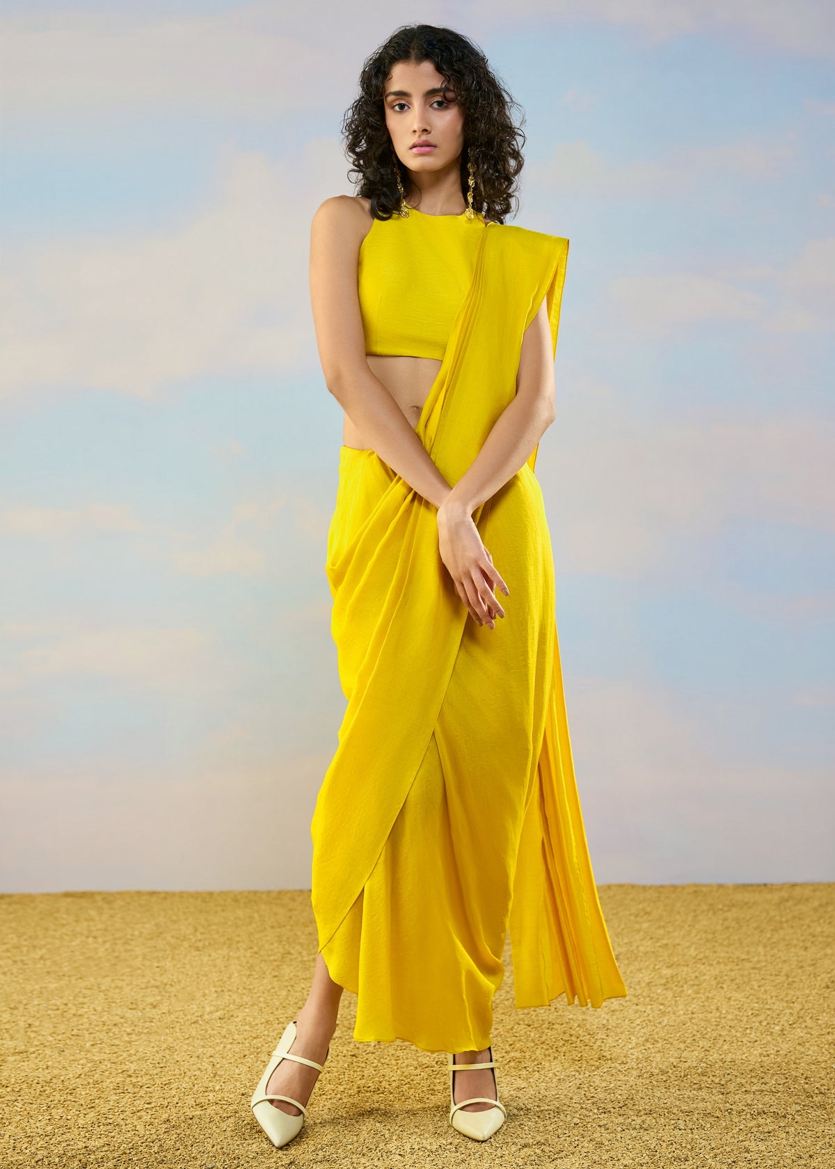 Yellow Sleeveless Sari Skirt Set