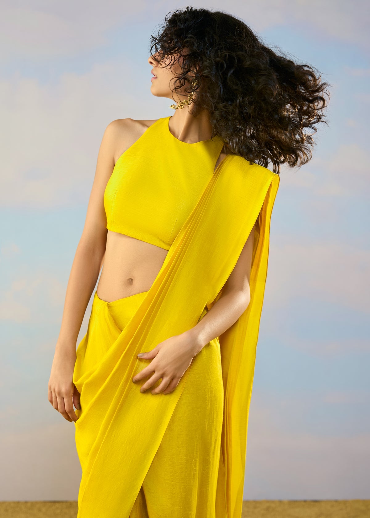 Yellow Sleeveless Sari Skirt Set