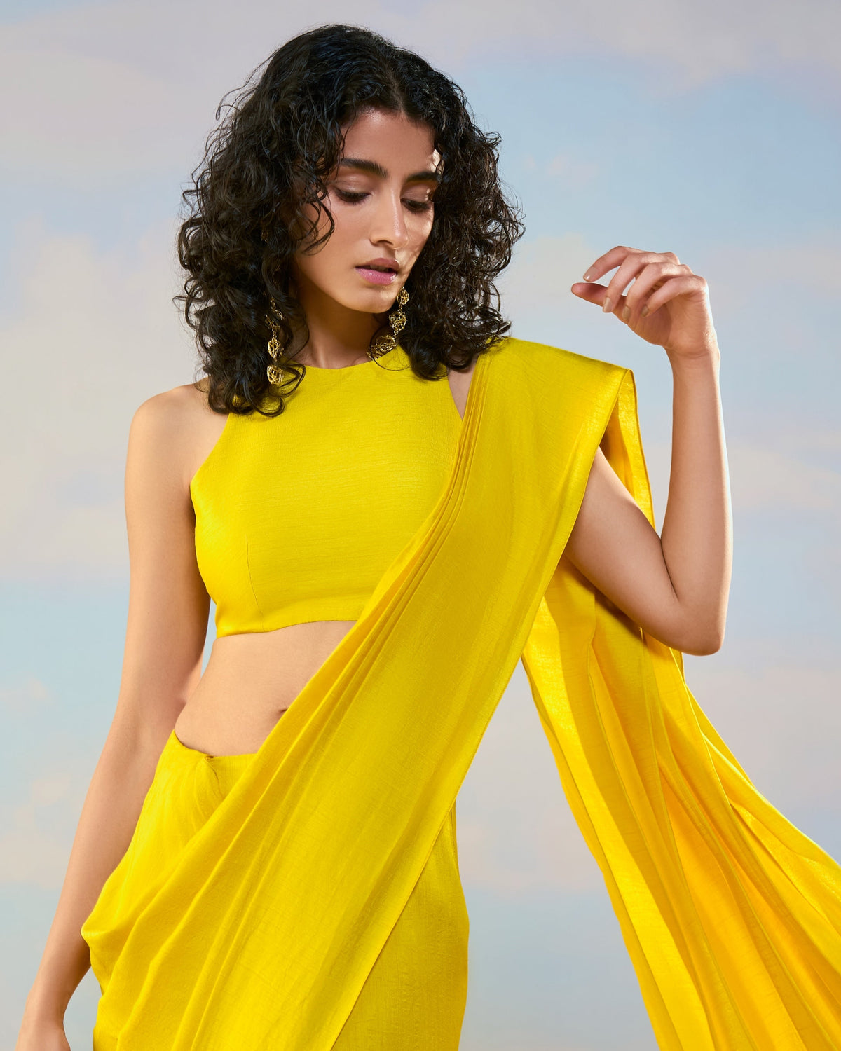 Yellow Sleeveless Sari Skirt Set