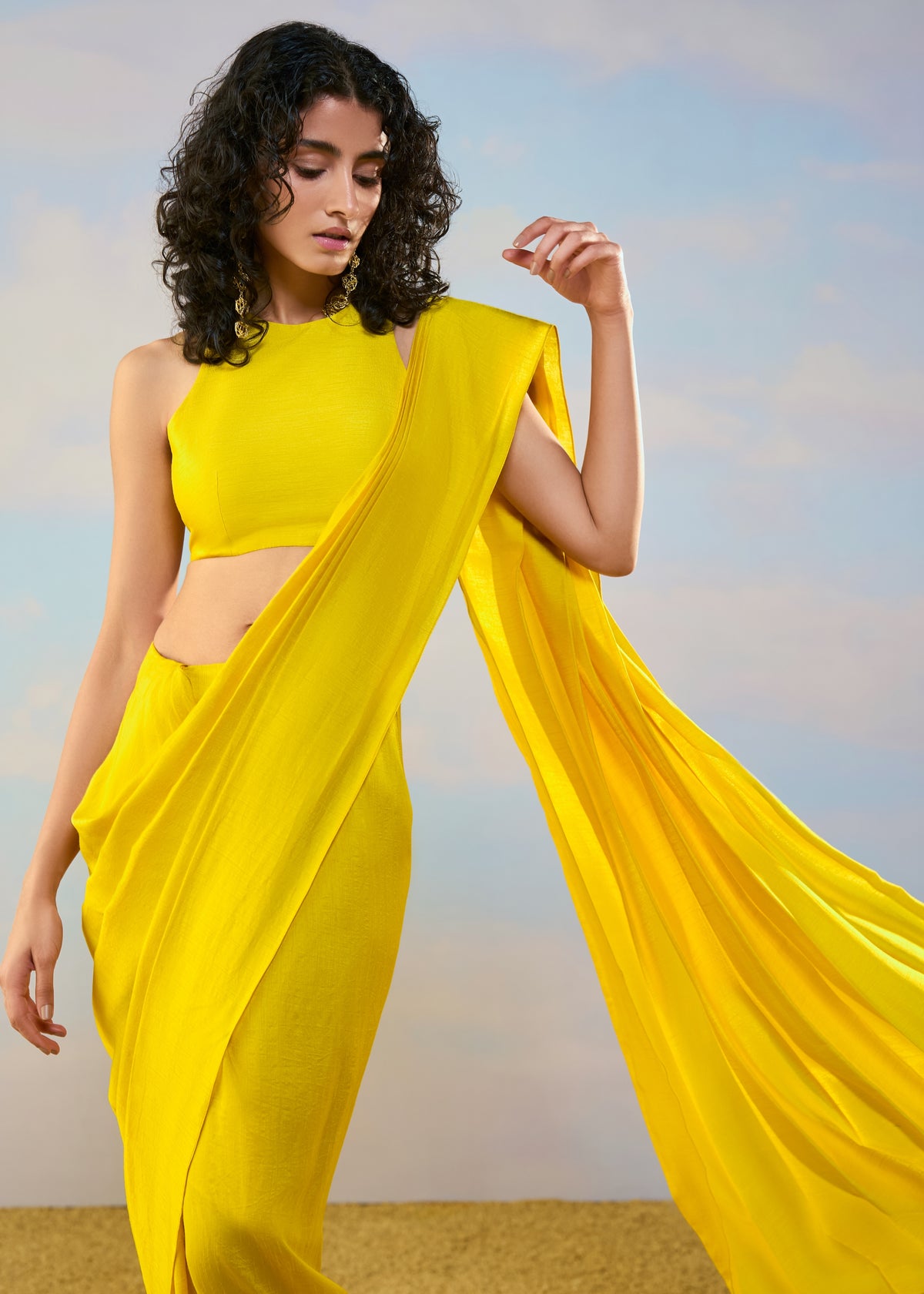 Yellow Sleeveless Sari Skirt Set