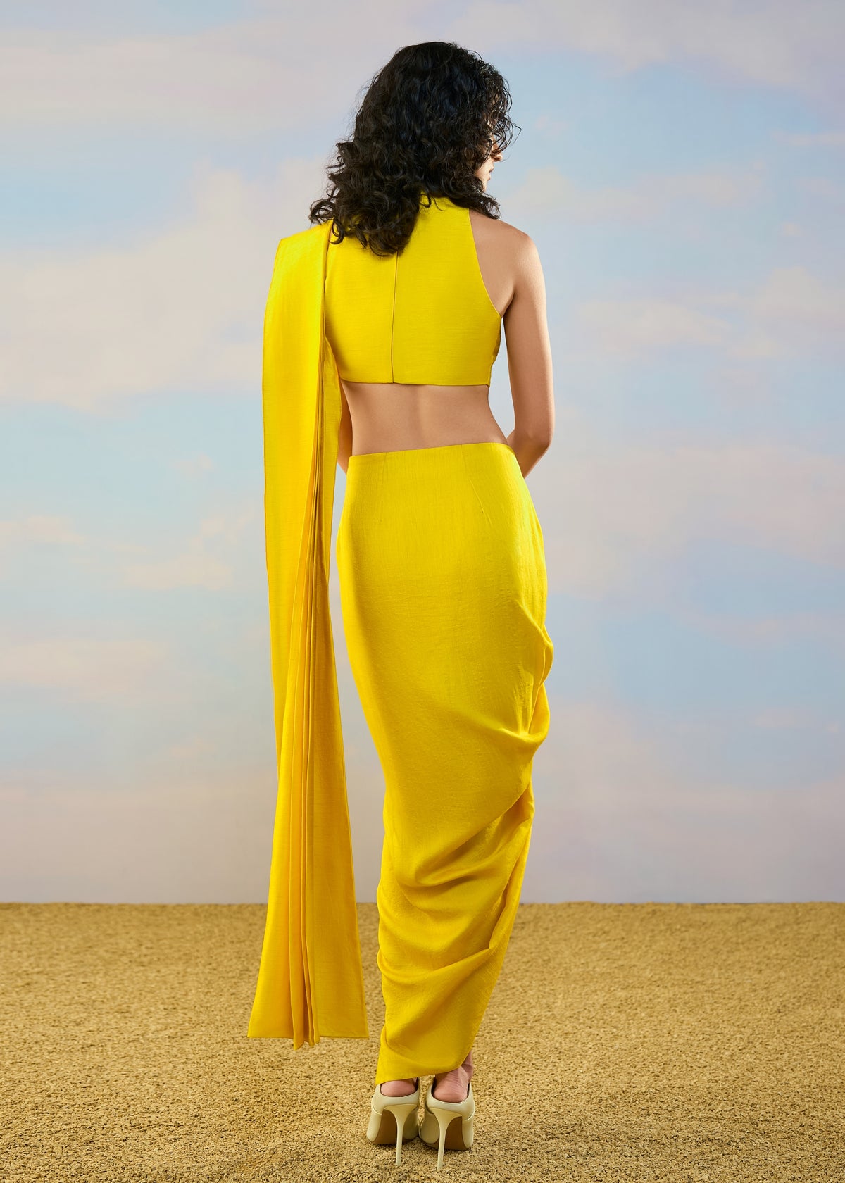 Yellow Sleeveless Sari Skirt Set