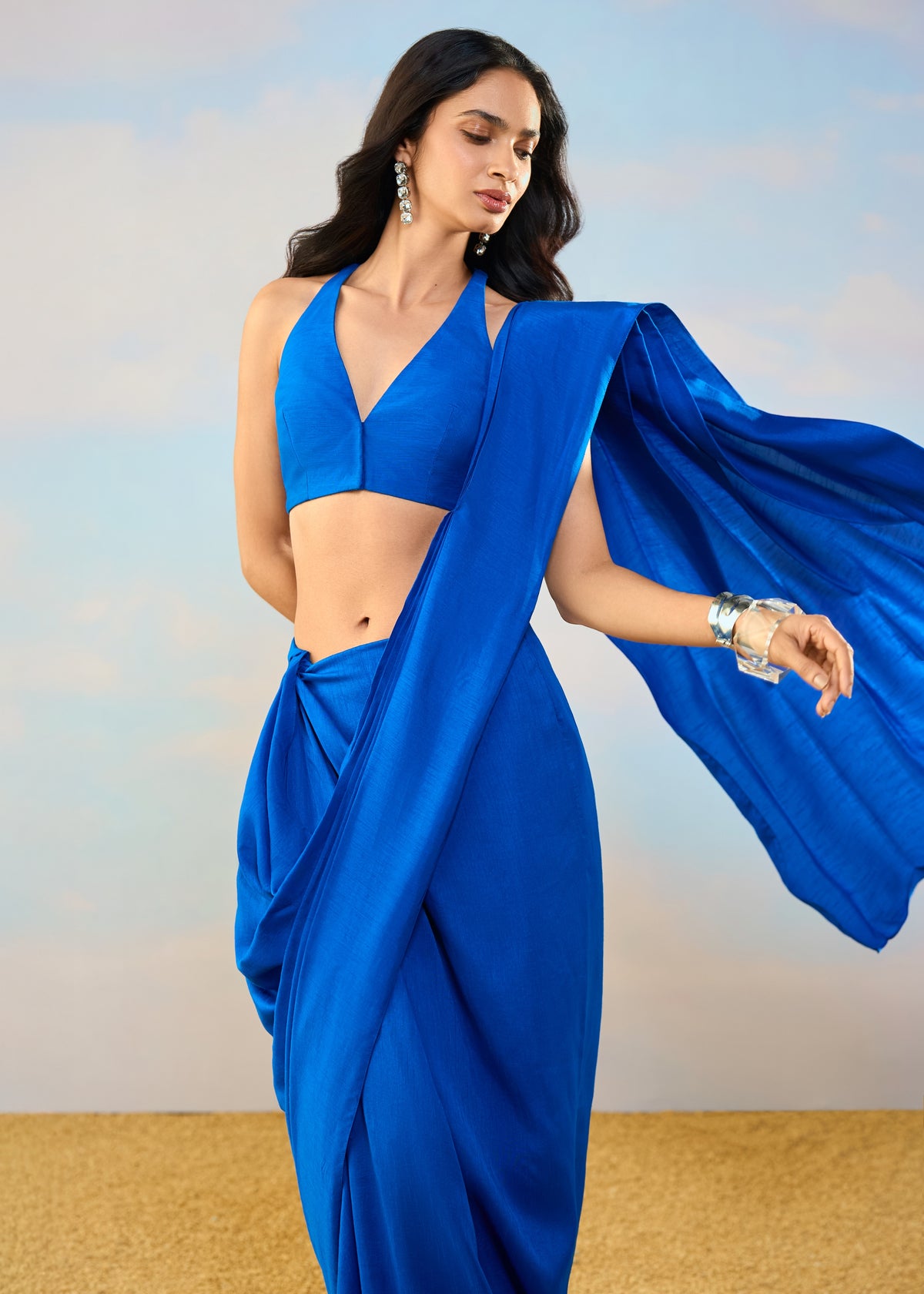 Royal Blue Halter Sari Skirt Set
