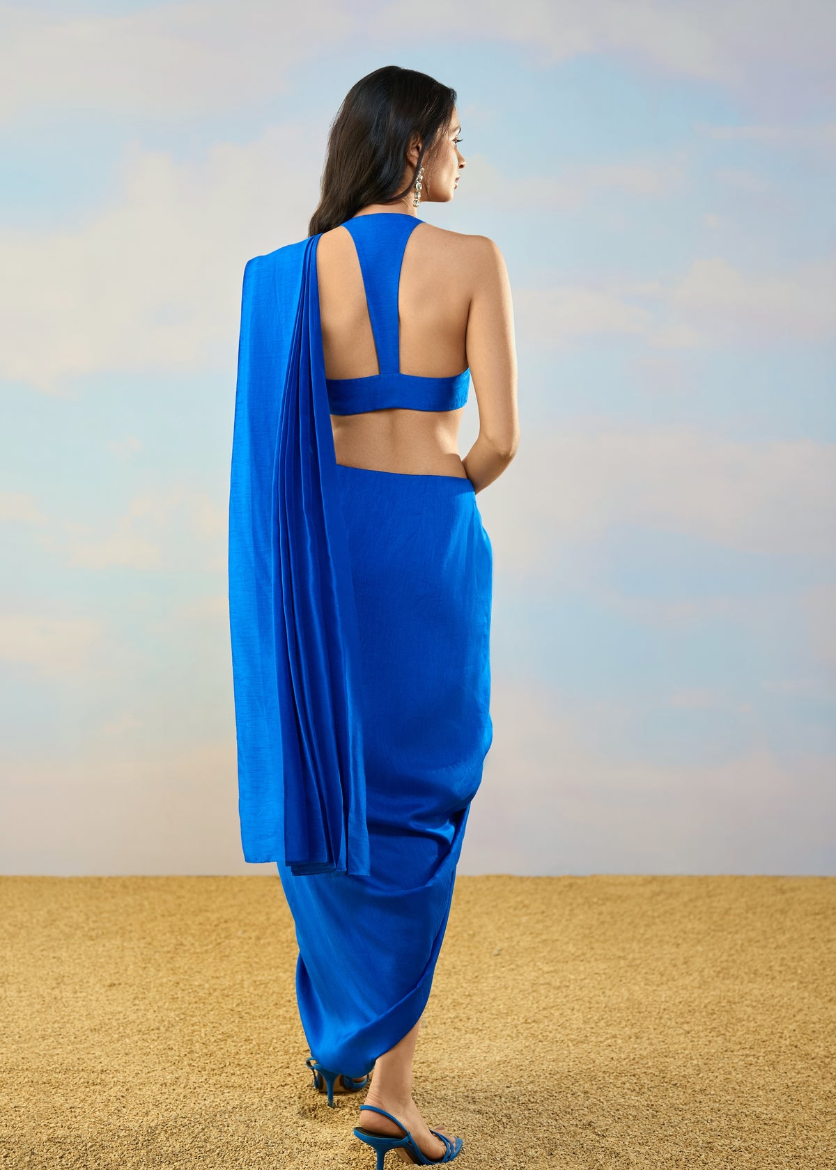 Royal Blue Halter Sari Skirt Set