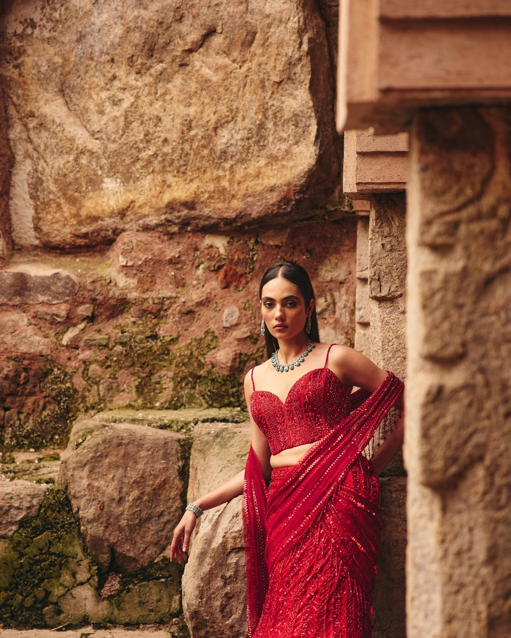 Nida Vermellion Red Embellished Pre-Draped Skirt Sari Set