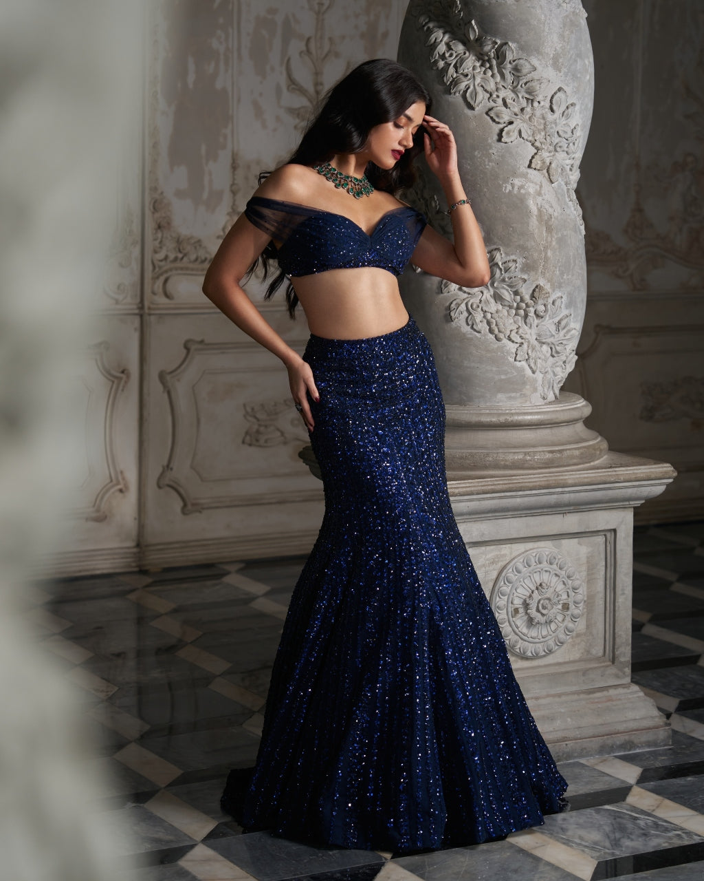 Navy Sequin Skirt Set