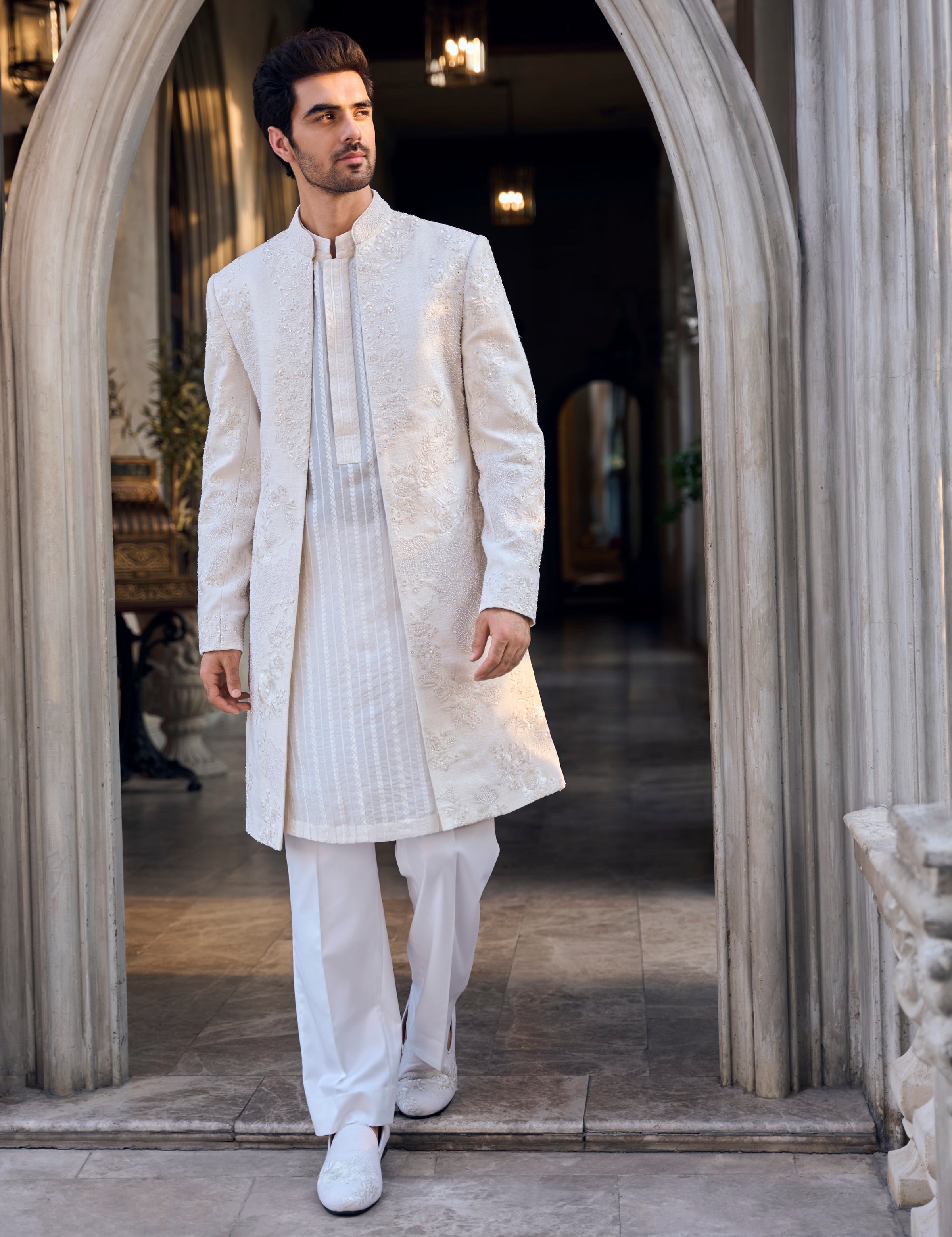 Chapelle Cream Open Sherwani Set