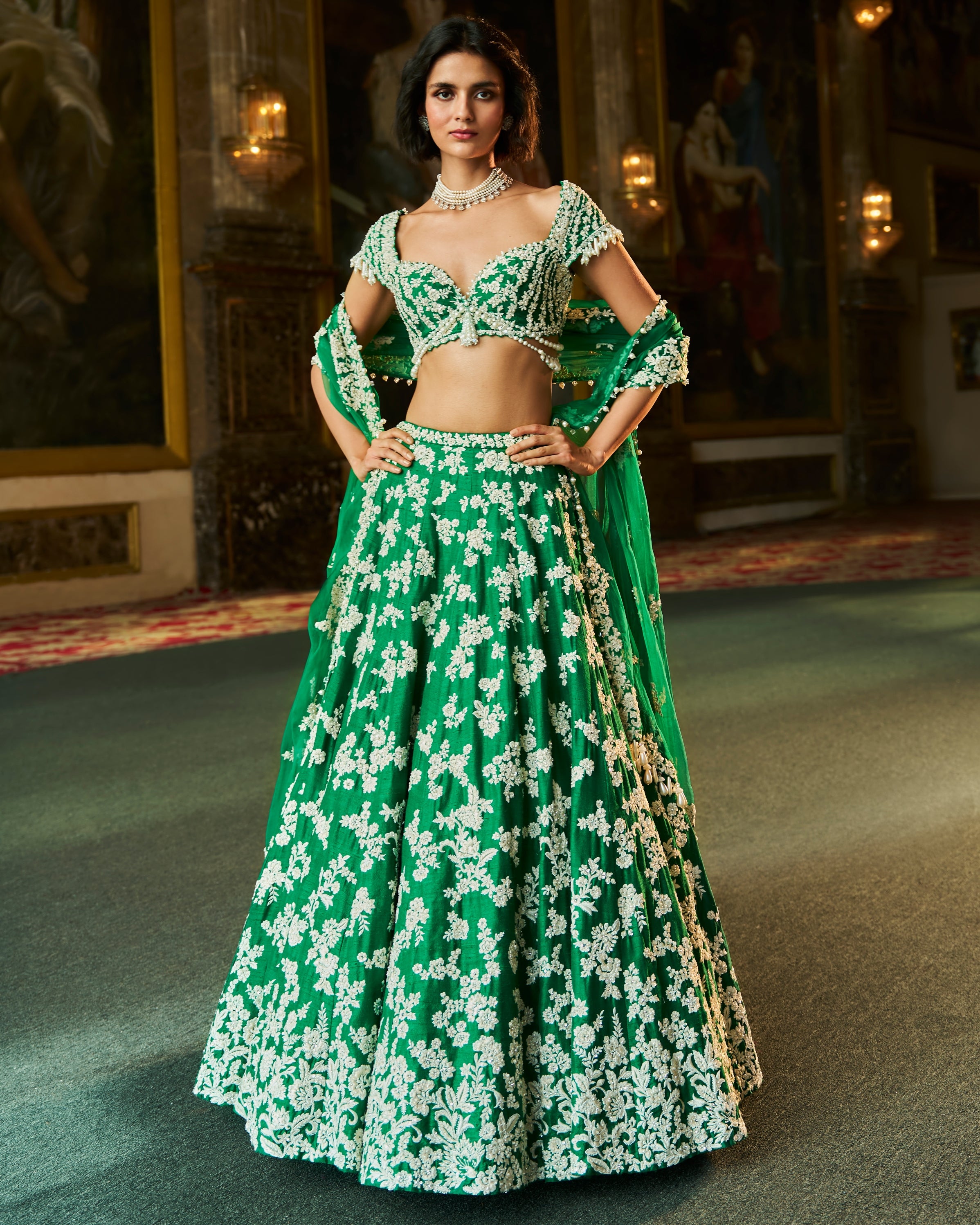 Green Thread Work Lehenga Set