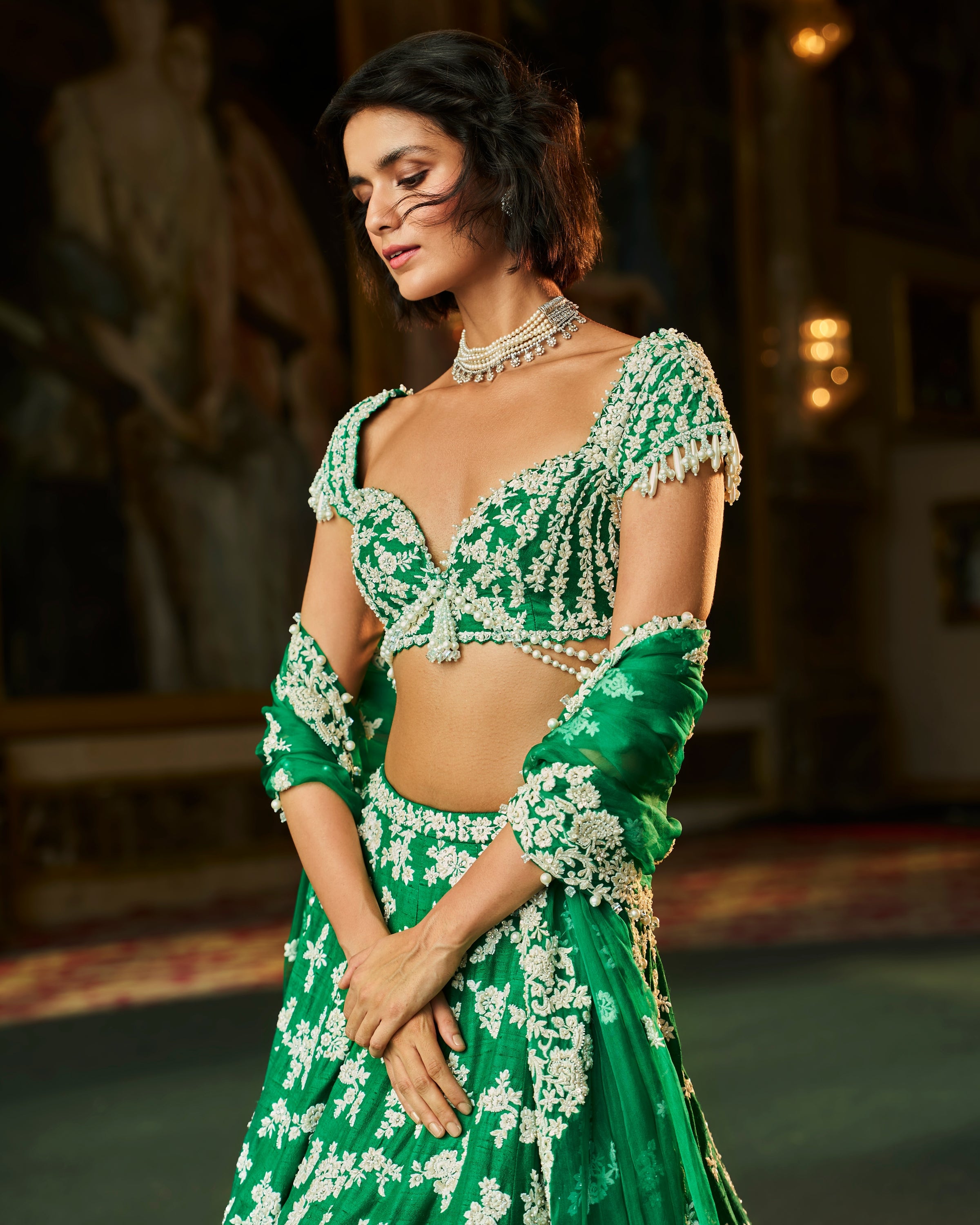 Green Thread Work Lehenga Set