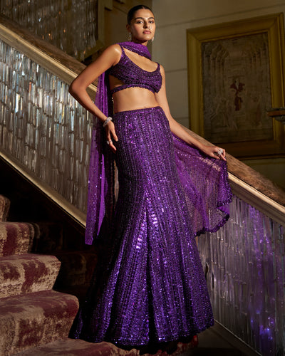 Purple Sequin Skirt Set