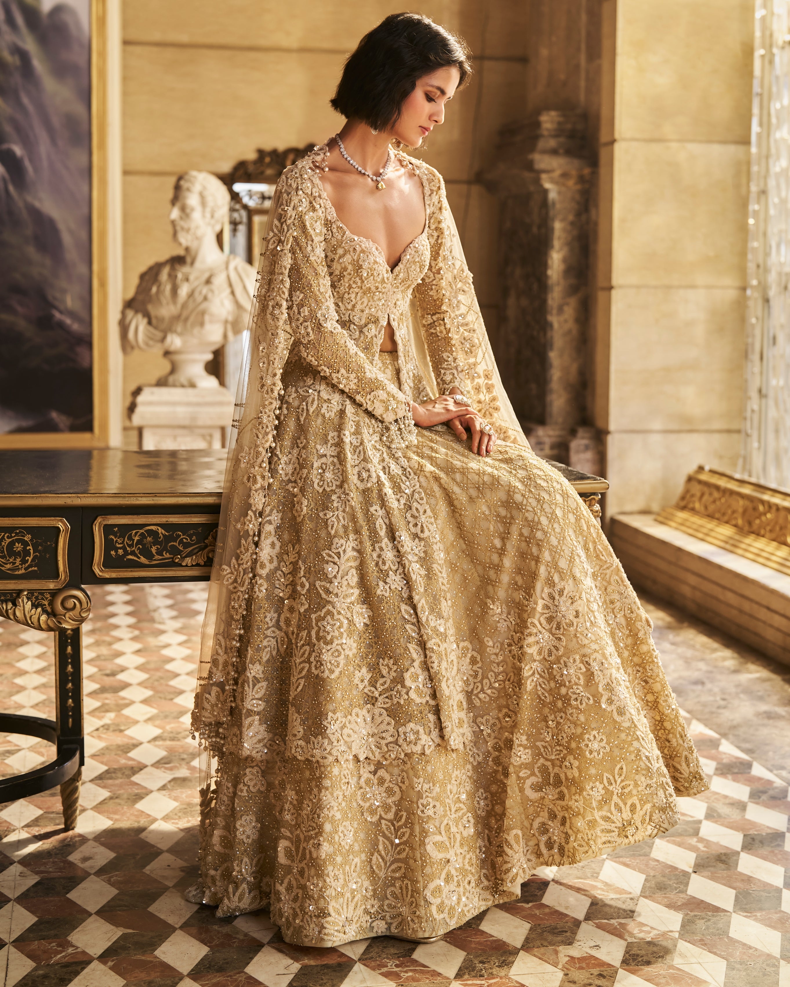 Cream Jacket Lehenga Set