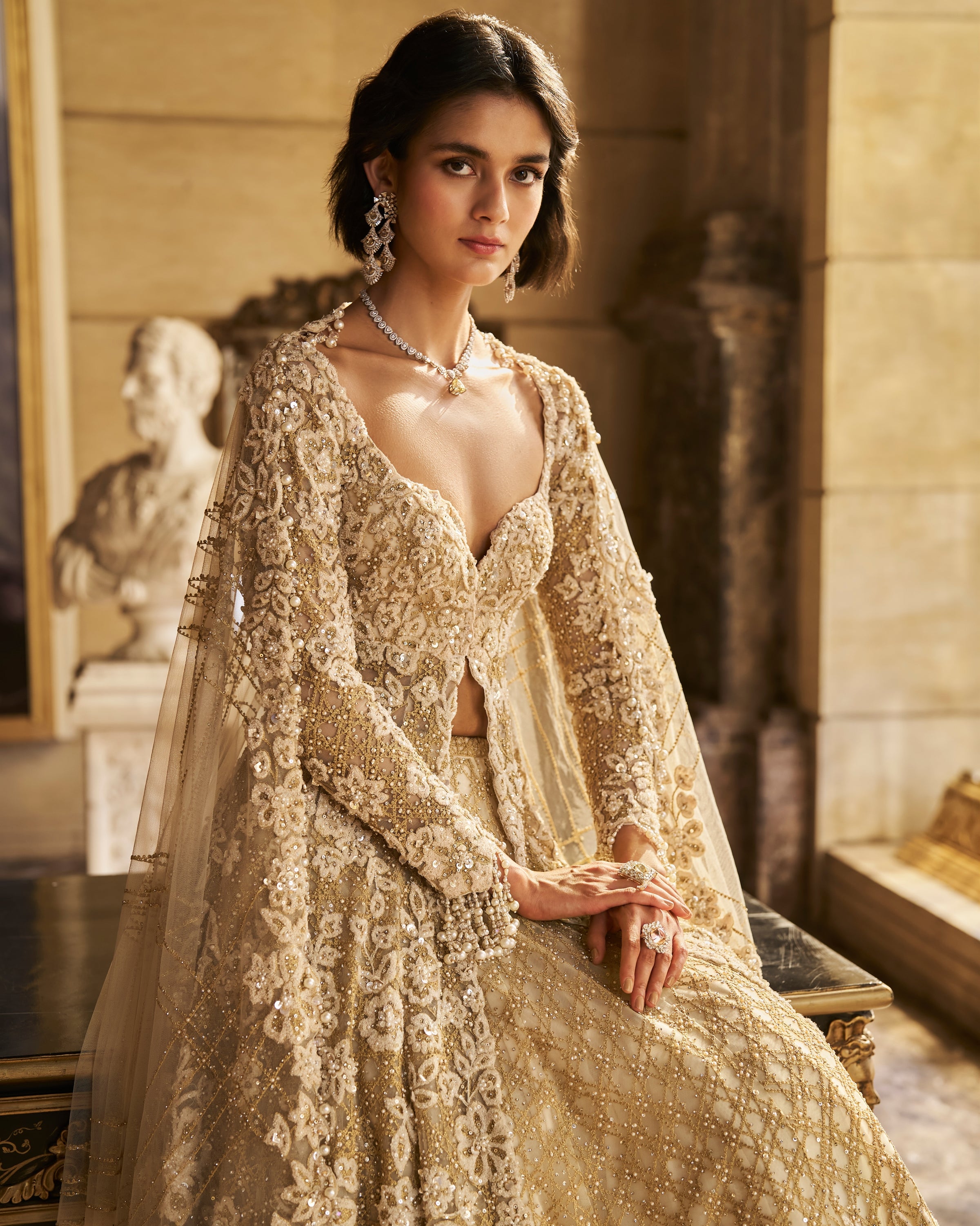 Cream Jacket Lehenga Set XL