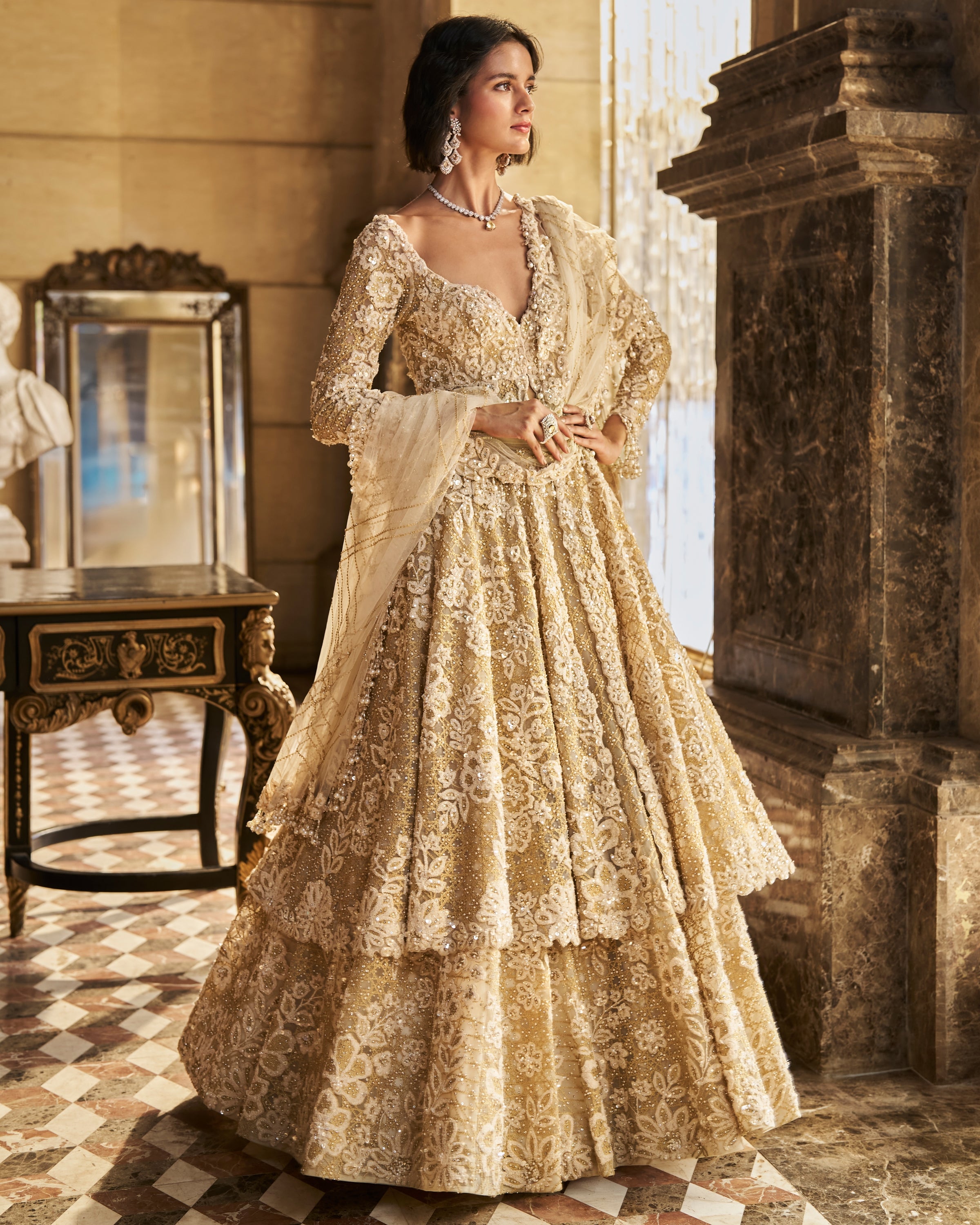 Cream Jacket Lehenga Set