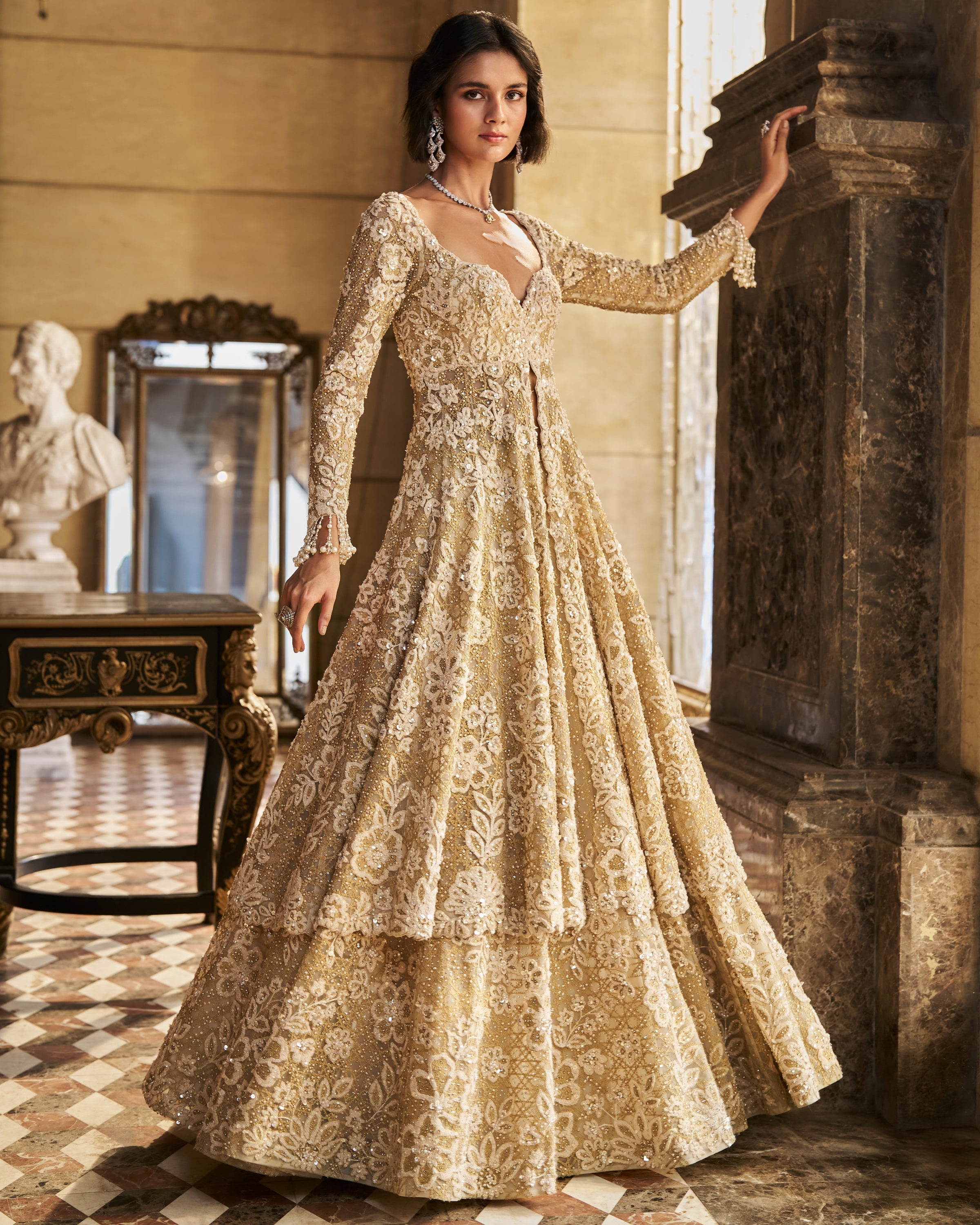 Cream Jacket Lehenga Set