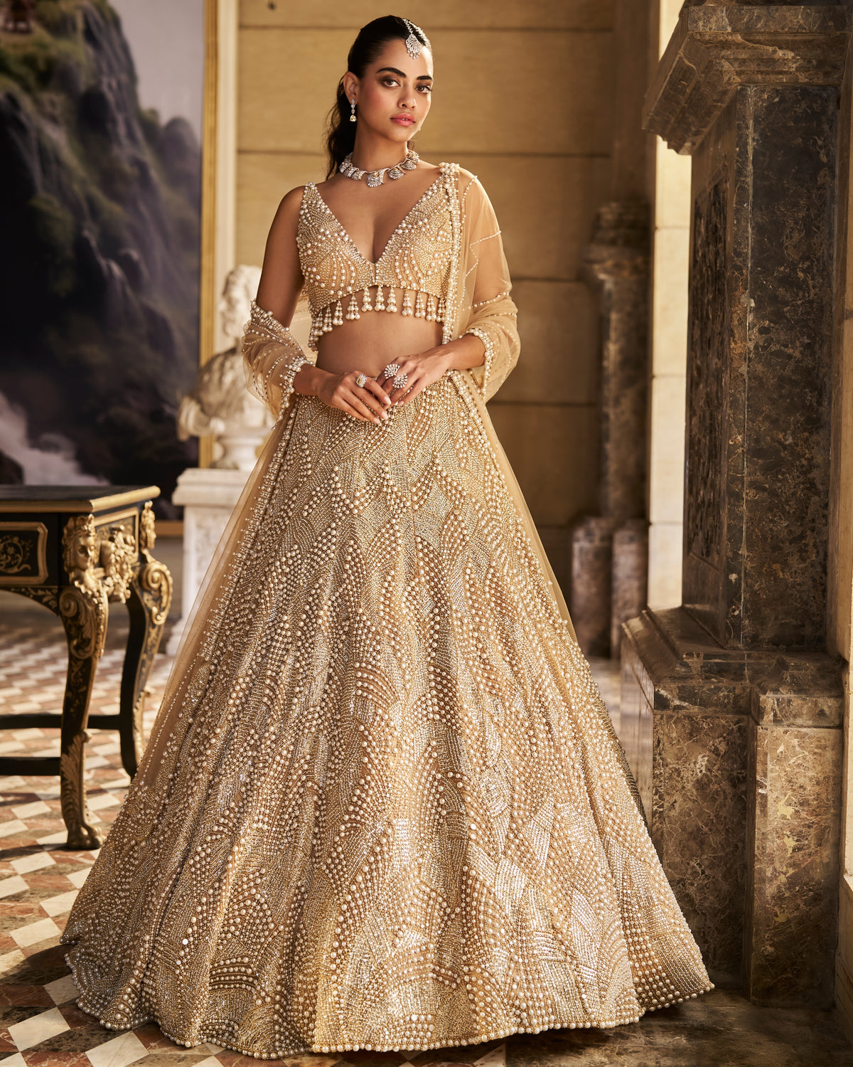 cream and gold indian wedding dress Nude Cream Abstract Dori Lehenga Set XXL