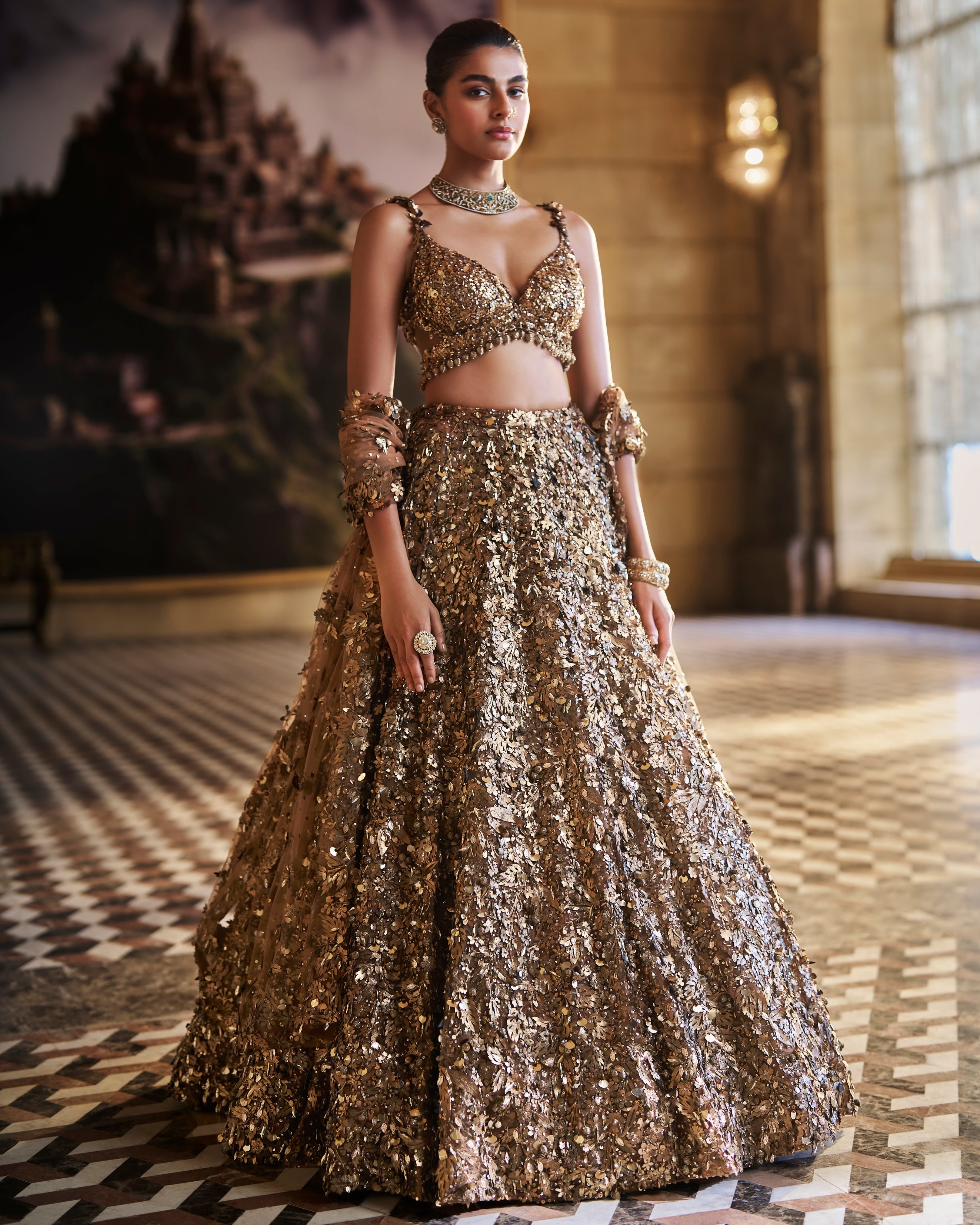 Metallic Gold 3D Lehenga Set