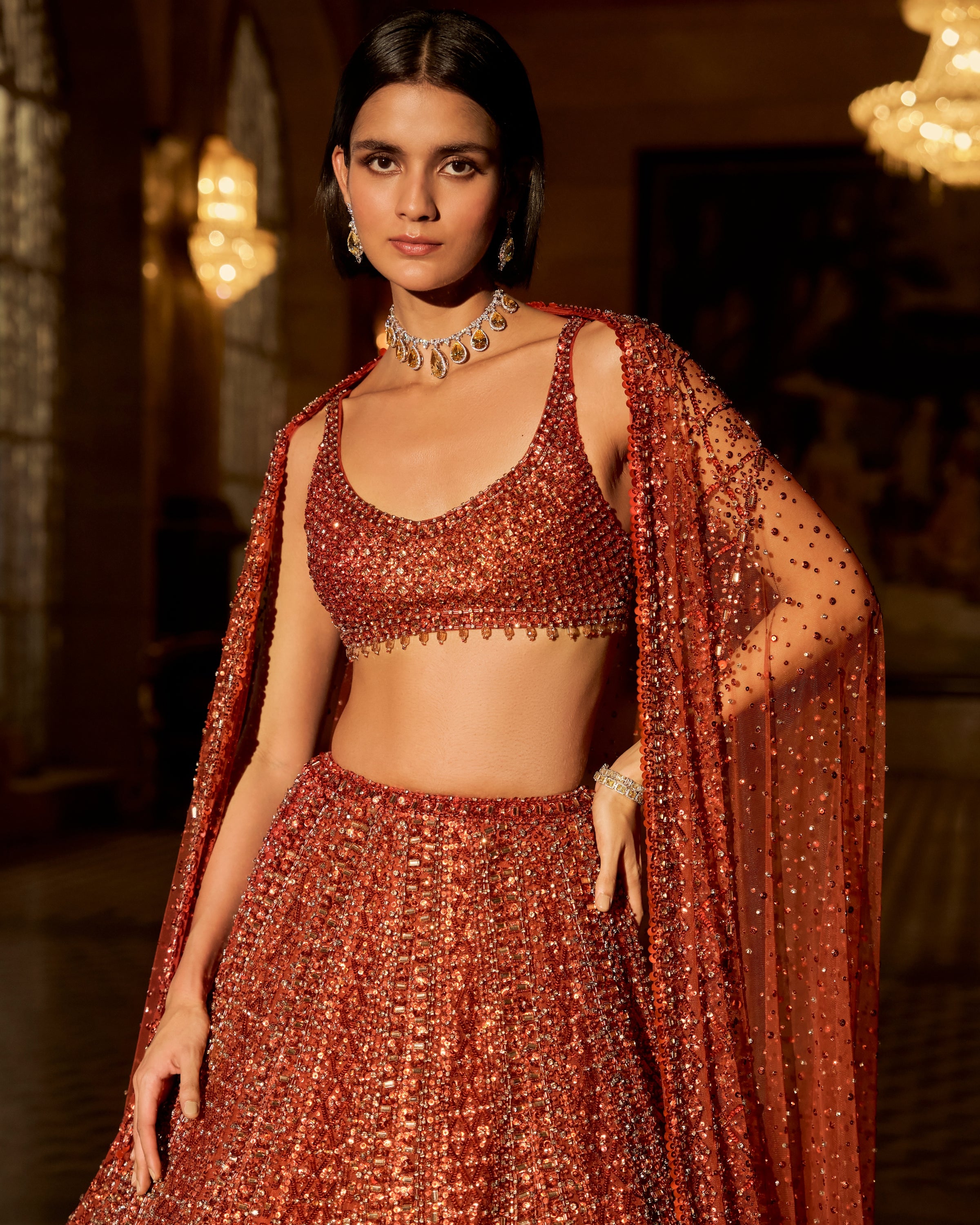 Copper Crystal Lehenga Set