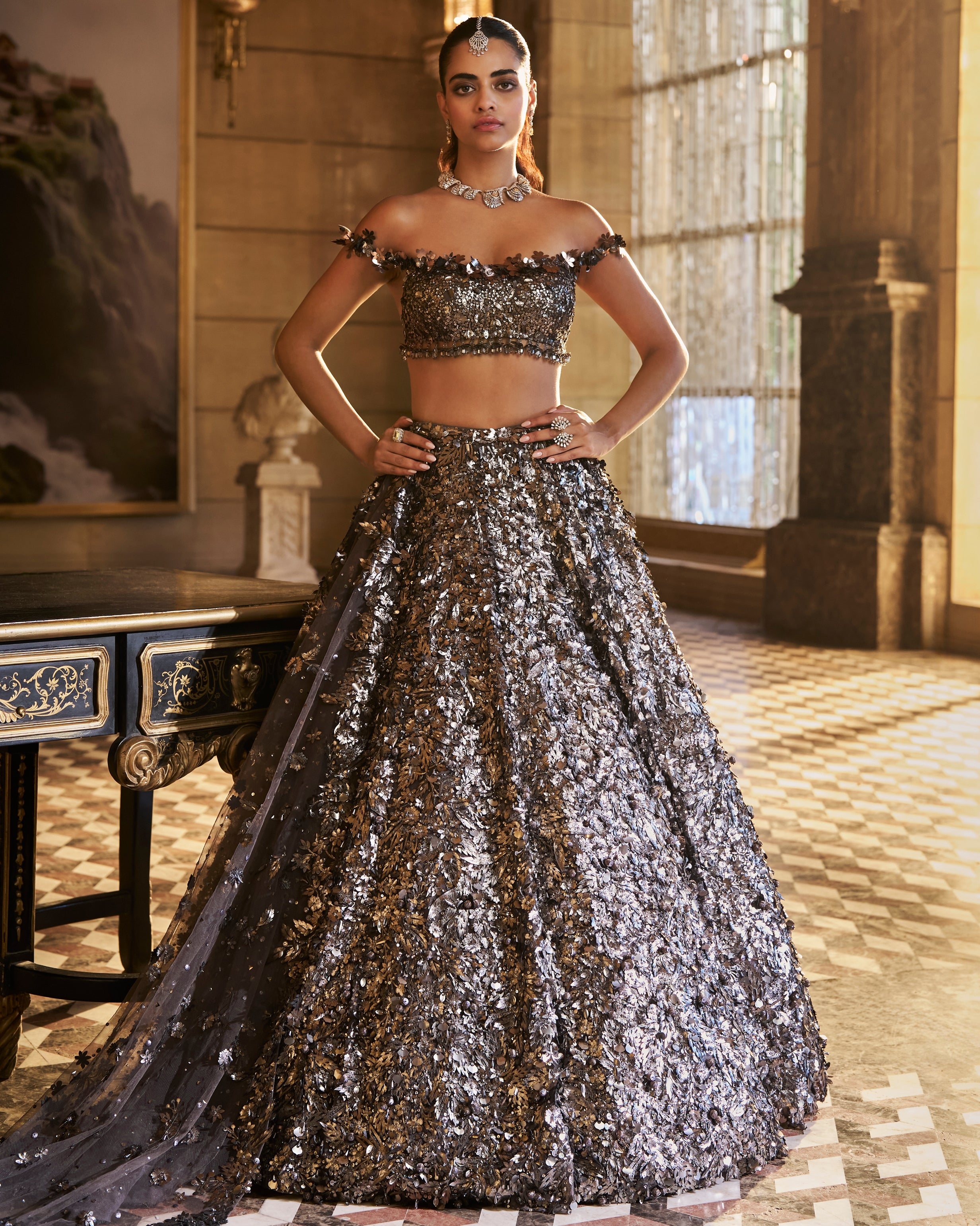 Metallic Silver 3D Lehenga Set