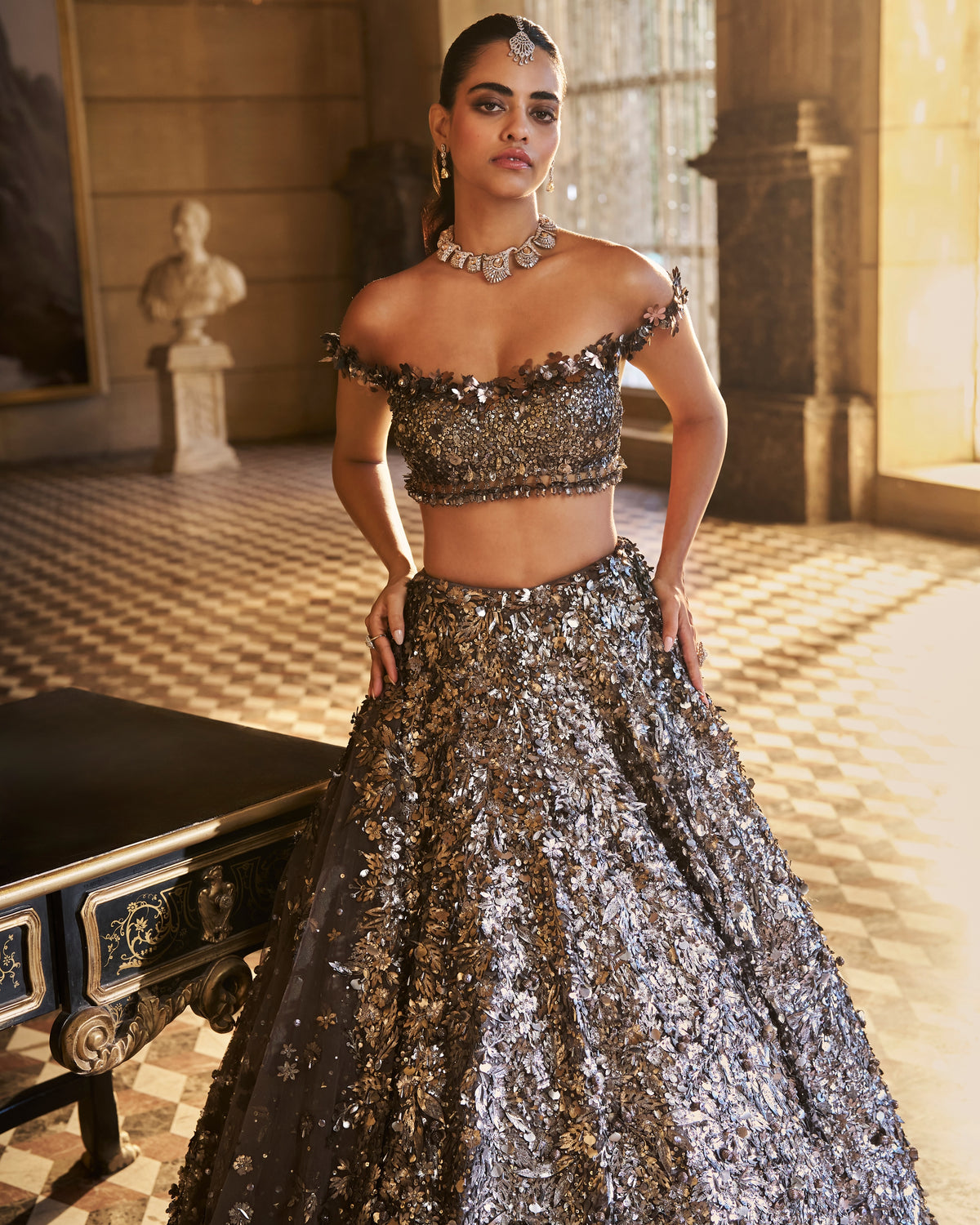 Metallic Silver 3D Lehenga Set