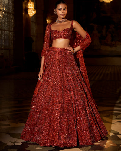 Brick Red Crystal Lehenga Set